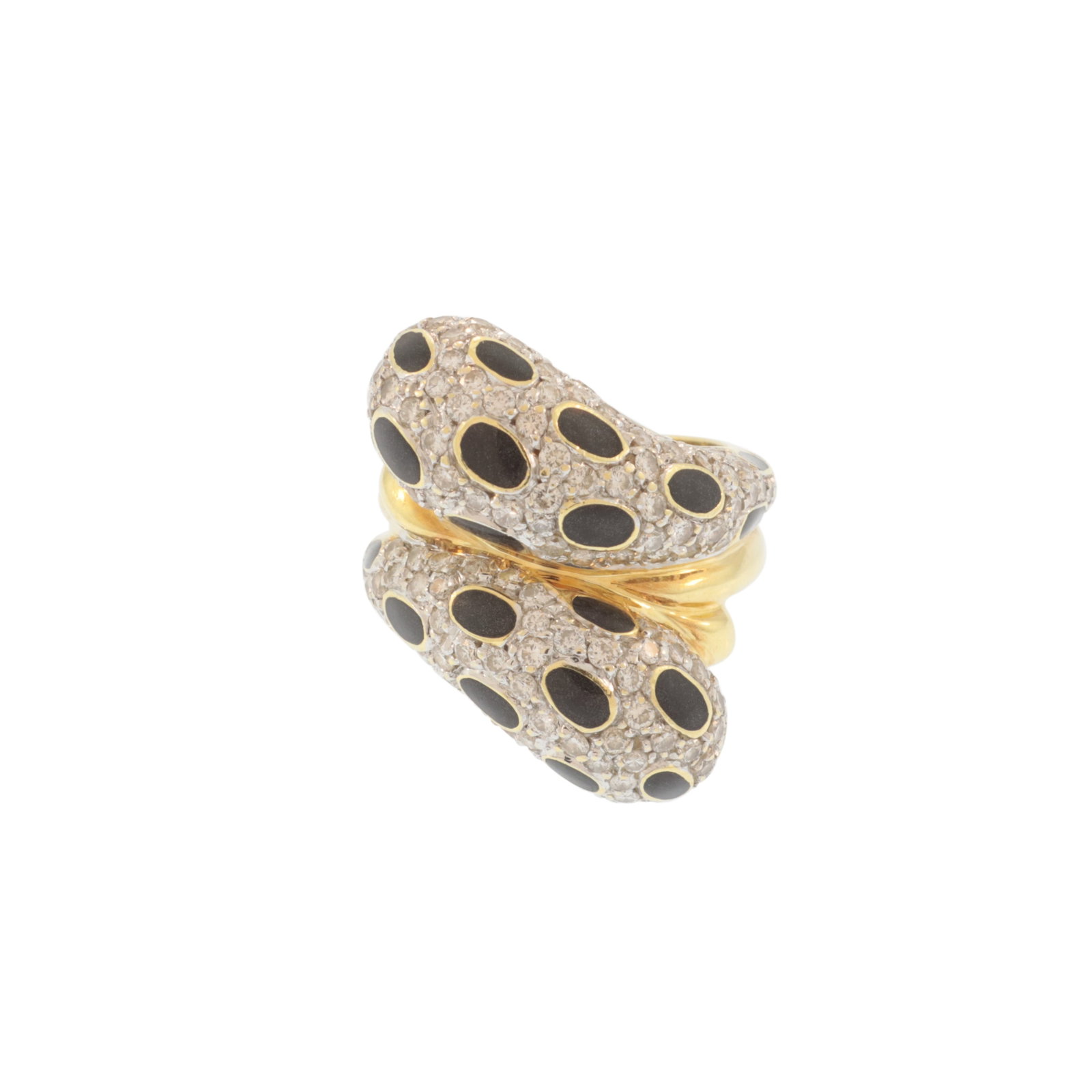 Giovane Onyx and Diamond Bypass Ring: Giovane, Italy, vintage 18 karat yellow gold bypass ring accented by bezel set oval black onyx slabs and round pave diamonds set in white gold, totaling approximately 2.00 cts. Gross weight of 12.5 gr