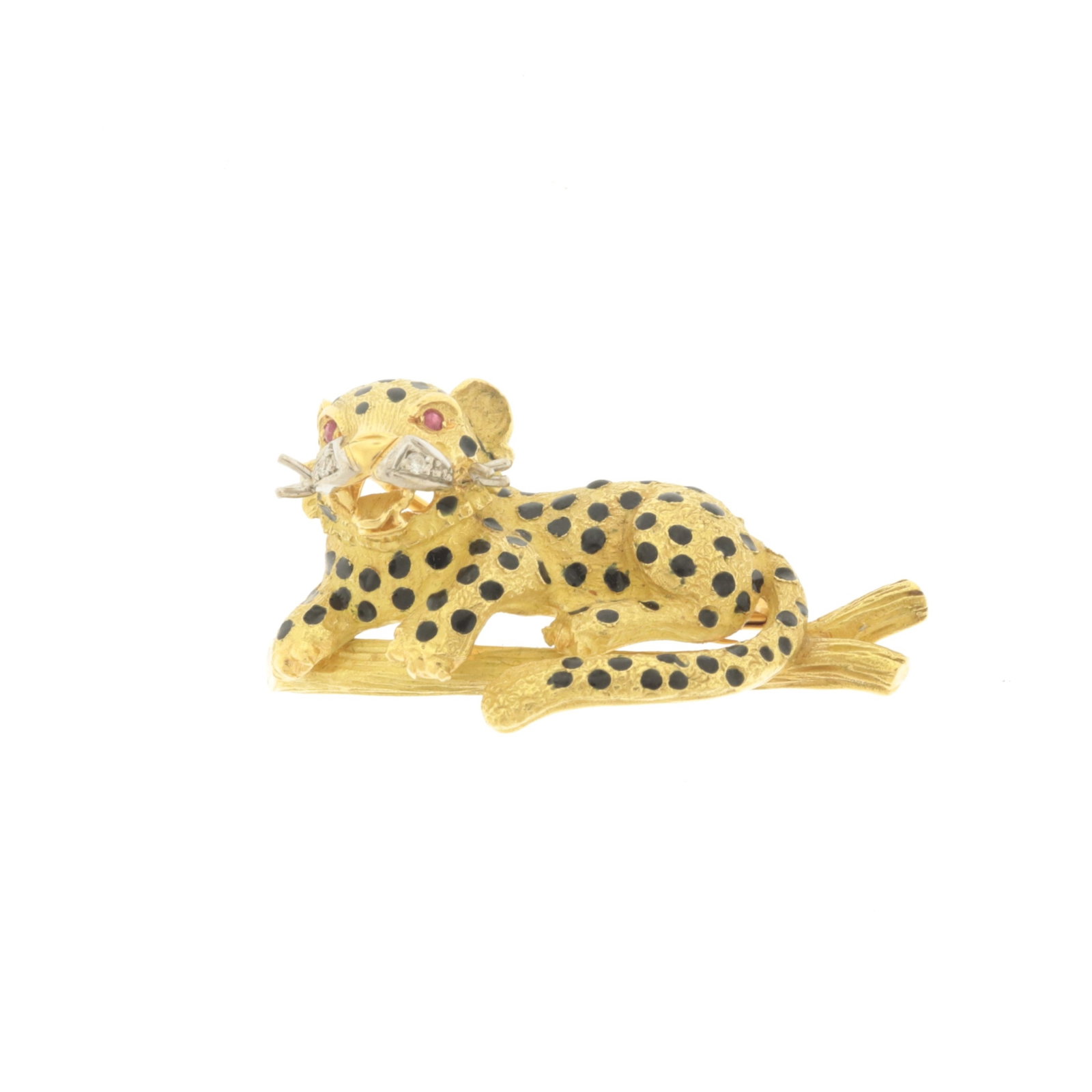 18K Yellow Gold Leopard Brooch: Vintage 18 karat yellow gold brooch in the form of a recumbent leopard on a branch. Accented with black enamel spots, round ruby eyes, and white gold pave-set diamond whiskers. Unmarked, acid tested. 