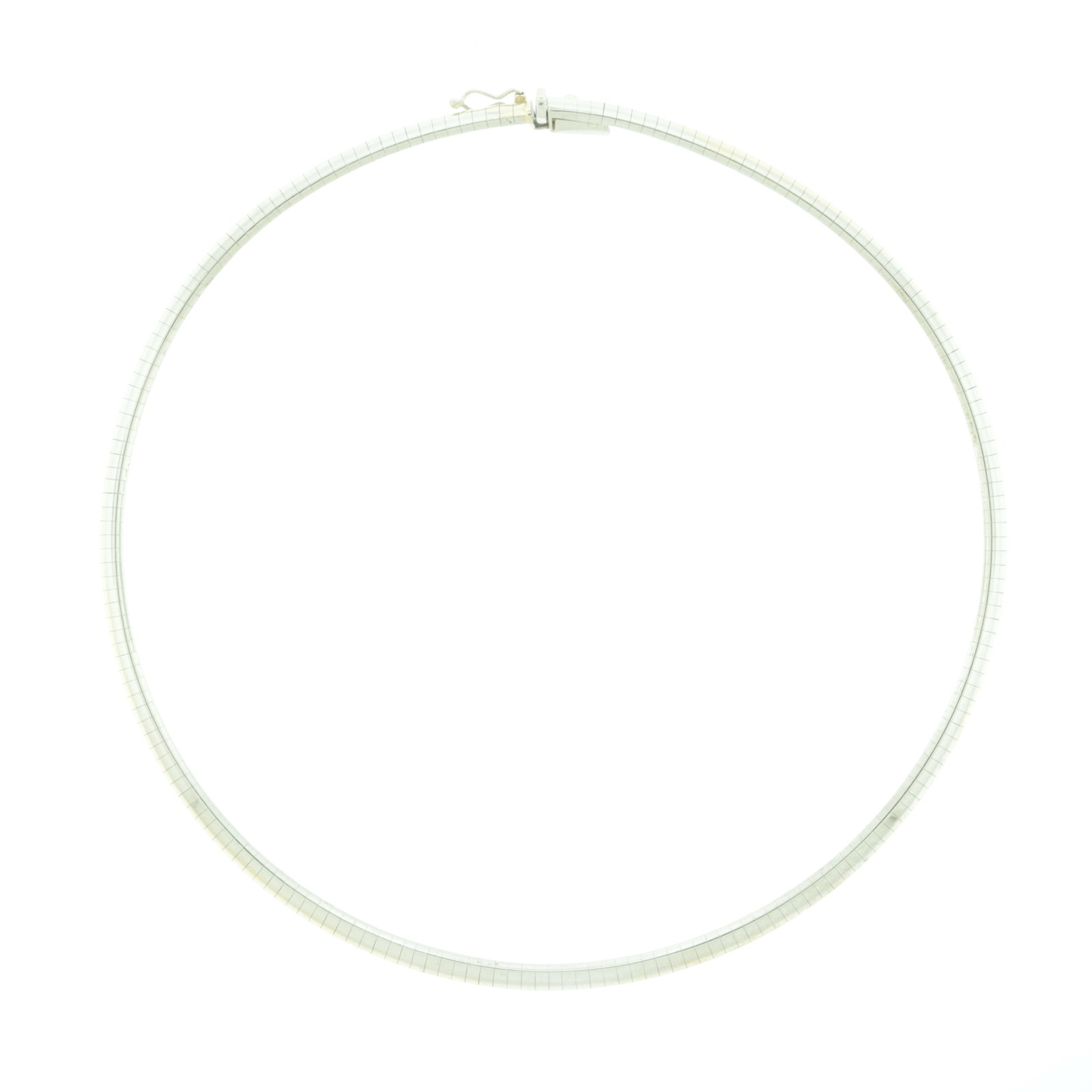 14K White Gold Snake Link Choker Necklace: Vintage 14 karat white gold flat snake link choker necklace. Stamped 14kt Italy, H maker's mark. Weighing 22.1 grams. About 14" long. Property from a private Norwalk collection.