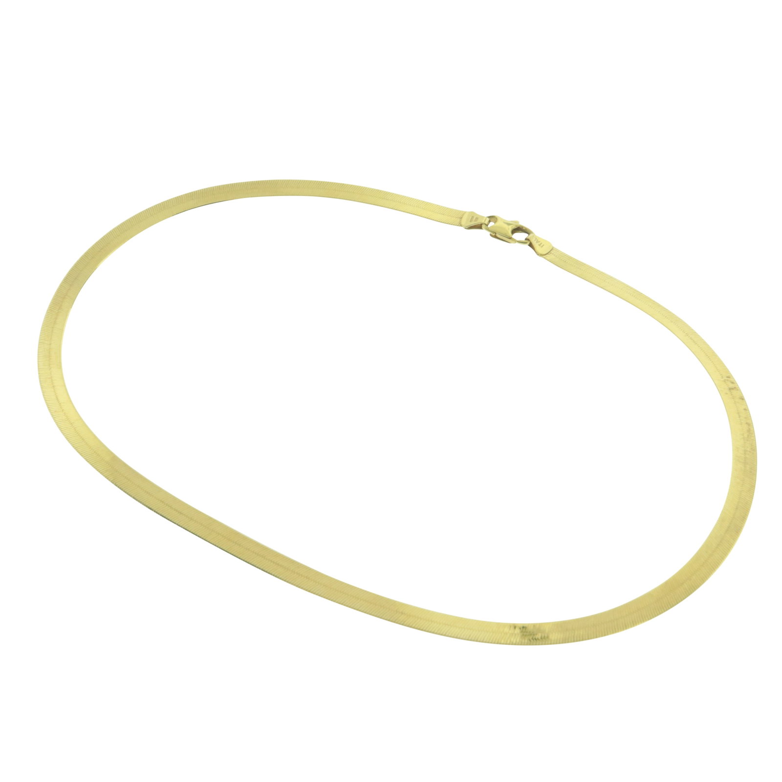 Uno A Erre 14K Yellow Gold Flat Herringbone Chain: Vintage Uno A Erre 14k yellow gold flat herringbone chain necklace. Stamped 14K Italy on clasp, 1AR registration stamp. Weighing 9.8 grams. 15.5" long, 1/4" wide Property from a private Norwalk collec