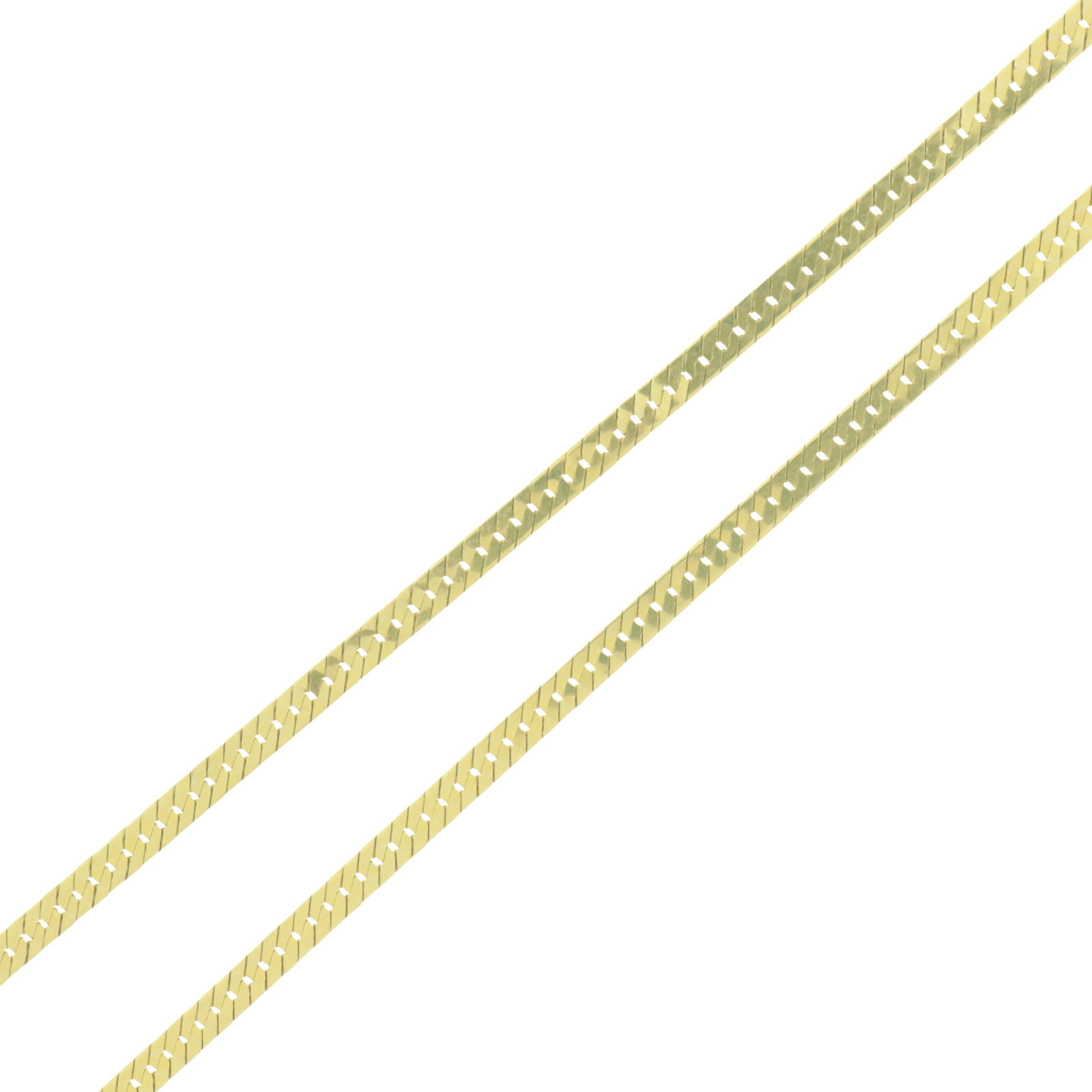 Italian 14K Gold Herringbone Chain Necklace: Vintage 14 karat yellow gold flat herringbone chain necklace. Stamped on clasp. Weighing 5.4 grams. 18.75" long Property from a Litchfield County estate.