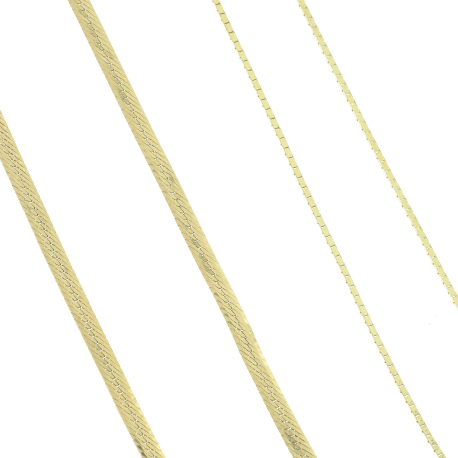 Two Vintage 14K Gold Chains: Vintage 14 karat yellow gold flat herringbone chain necklace, together with vintage 14 karat yellow gold micro box chain. Weighing 5.1 grams. Both 18" long Property from a Litchfield County estate.