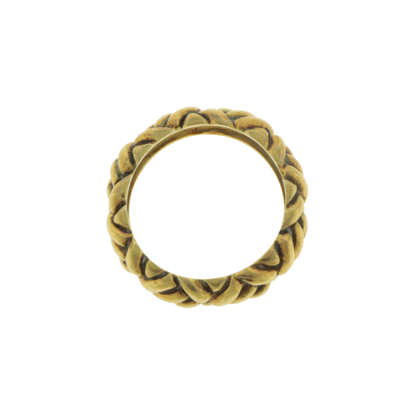 Antique 18k Yellow Gold Ring: An antique 18 karat yellow gold ring with domed braided design. Two illegible stamps to shank. 7.3 grams. Size 6, 6 mm wide. Property from a Fairfield estate.
