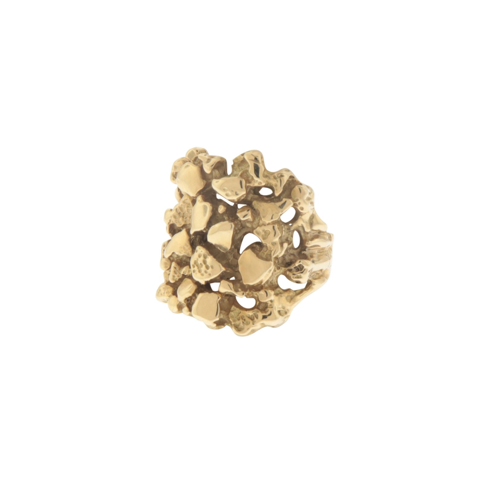 14K Yellow Gold Brutalist Ring: A vintage 14 karat yellow gold brutalist style ring. Stamped 14k, additionally acid tested. Weighing 13.6 grams. Size 8.25, face 3/4" square Property from a Litchfield County estate.