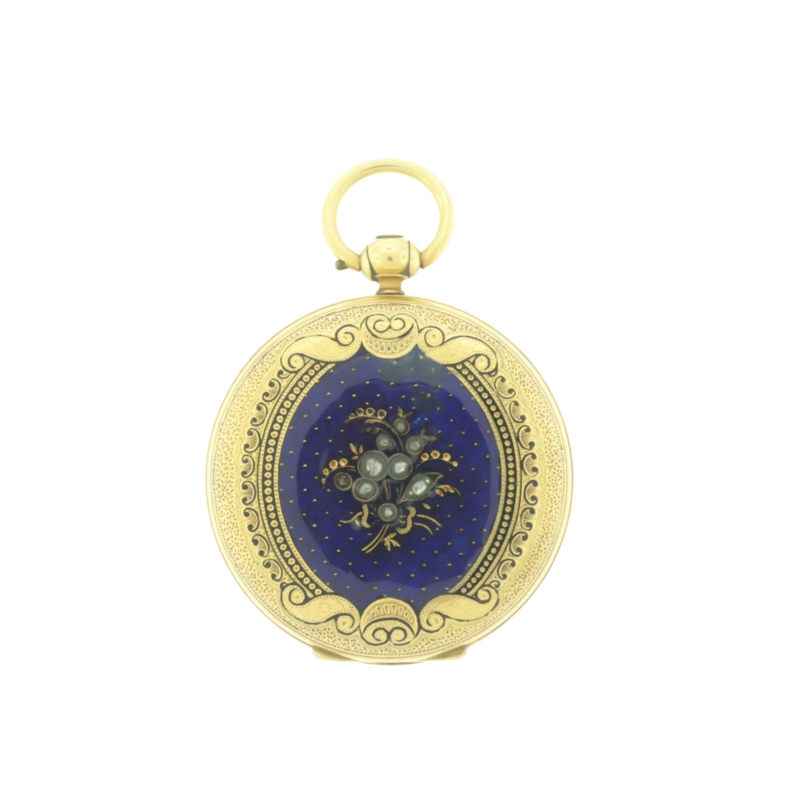 Antique 18K Gold Swiss Pocket Watch: An antique Swiss 18 karat yellow gold lady's key wound hunter case pocket watch. Case decorated with cobalt blue enamel and floral sprays of rose cut diamonds. Back case cover stamped 18k / 13775, cuv