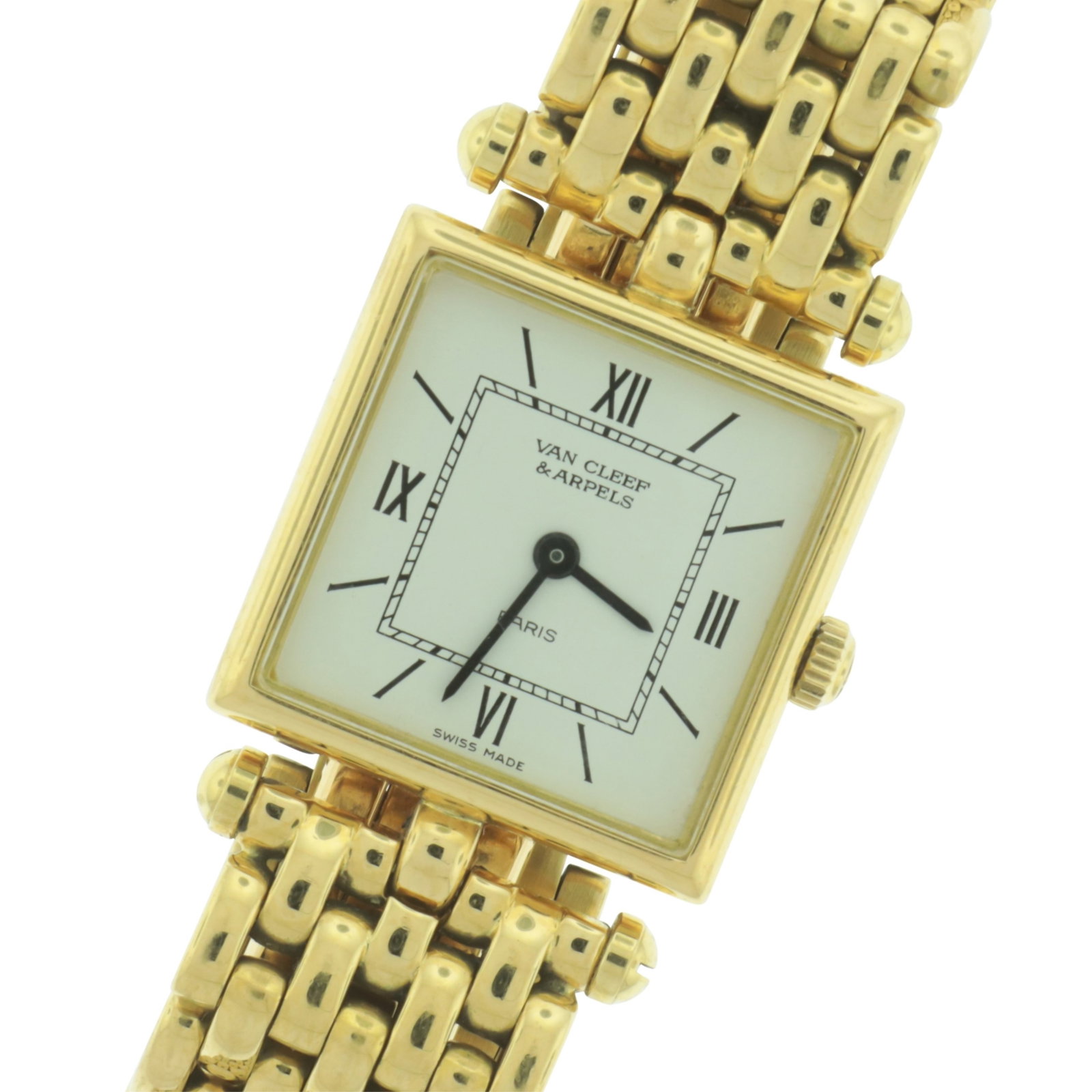 Van Cleef and Arpels 18K Classique Watch: Vintage Van Cleef and Arpels 18 karat yellow gold 'Classique' lady's quartz wrist watch, panther link bracelet with double deployment clasp. Reference number 12264, case number 124434. Case stamped Cl