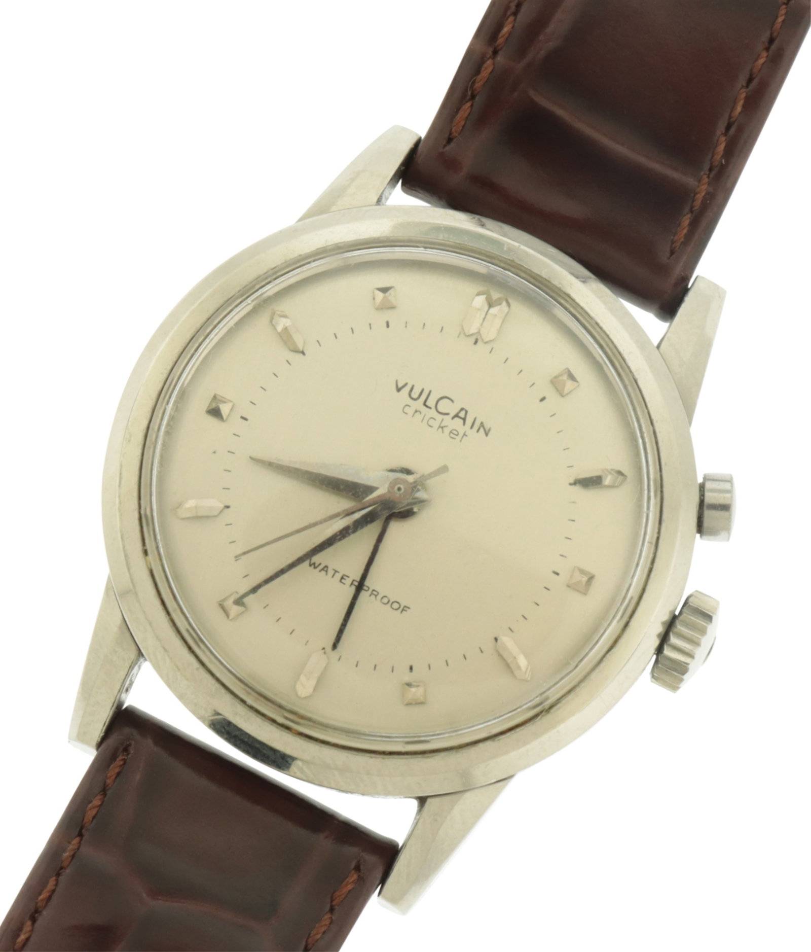 Vulcain Cricket Stainless Steel 34mm Wristwatch: A vintage Vulcain Cricket stainless steel wristwatch with alarm, circa 1960, reference number 303006. Brown embossed leather band. 34 mm case, 17.8 mm width between lugs Property from a Manhattan esta
