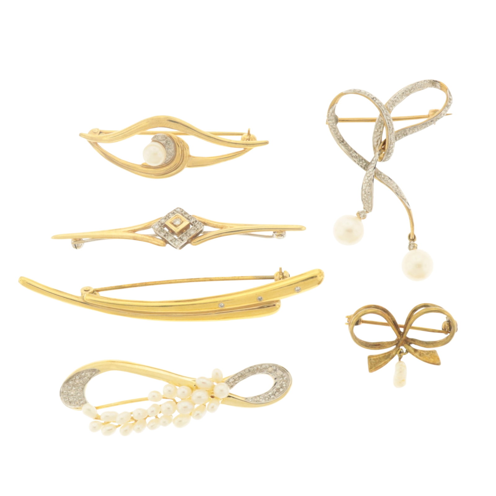 Group of 14K and Other Gold Pins: A grouping of vintage 14 karat and other lower karat gold pins. Comprising: 14k with diamonds, 14k infinity loop with diamonds and cultured pearls, 14k modernist form with three bezel set diamonds, 8k