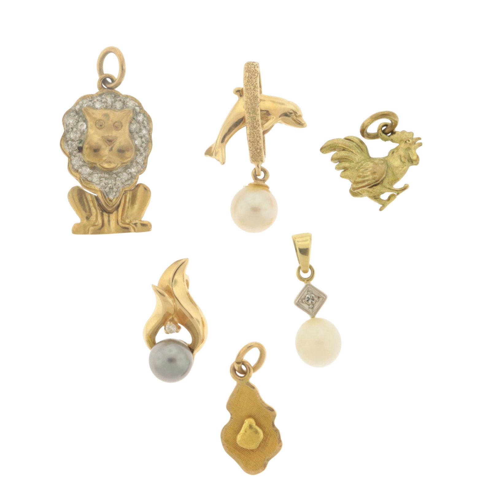 Group of 14K and Other Gold Charms: A grouping of 14 karat and other lower karat charms. Comprising: 14k dolphin jumping through hoop with dangling pearl, 14k diamond and faux pearl, 14k flame form with diamond and cultured gray pearl, 