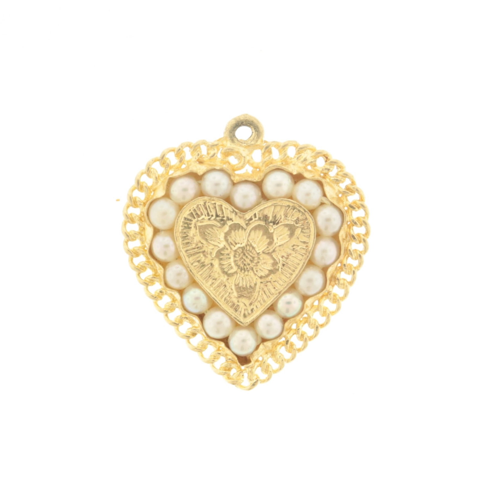 Vintage 14K and Pearl Heart Charm: Vintage 14 karat yellow gold heart form charm with rope twist edge, cultured pearls, and chased floral center. Back stamped 14k. Gross weight 5.2 grams. 1" x 1 1/8" Property from a Connecticut collect
