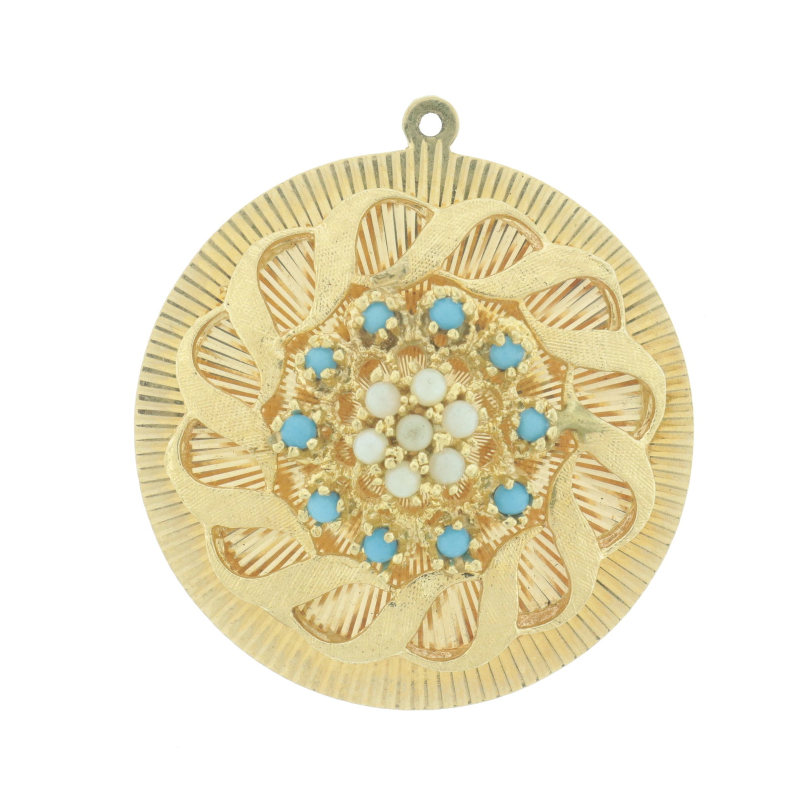 Large 14K Circular Charm: A large 14 karat yellow gold circular fluted charm with raised applique containing faux turquoise and faux pearls. Back with personal inscription. Gross weight of 14.8 grams. 1.5" diameter Property fr