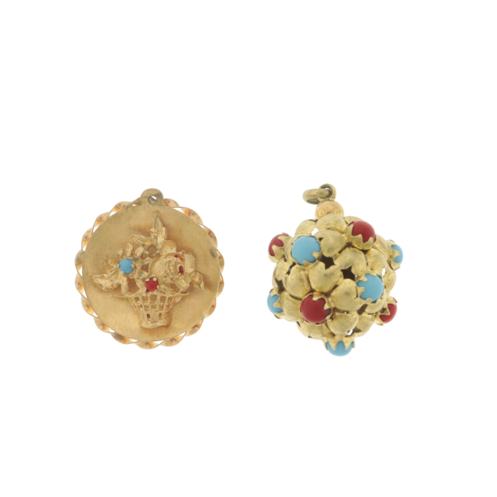 Two Vintage 14K Gold Charms: Two vintage 14 karat yellow gold charms or pendants. Comprising: 14k convex medallion with flower basket applique containing blue and red beads, with twisted edge. Together with a 14k floriform