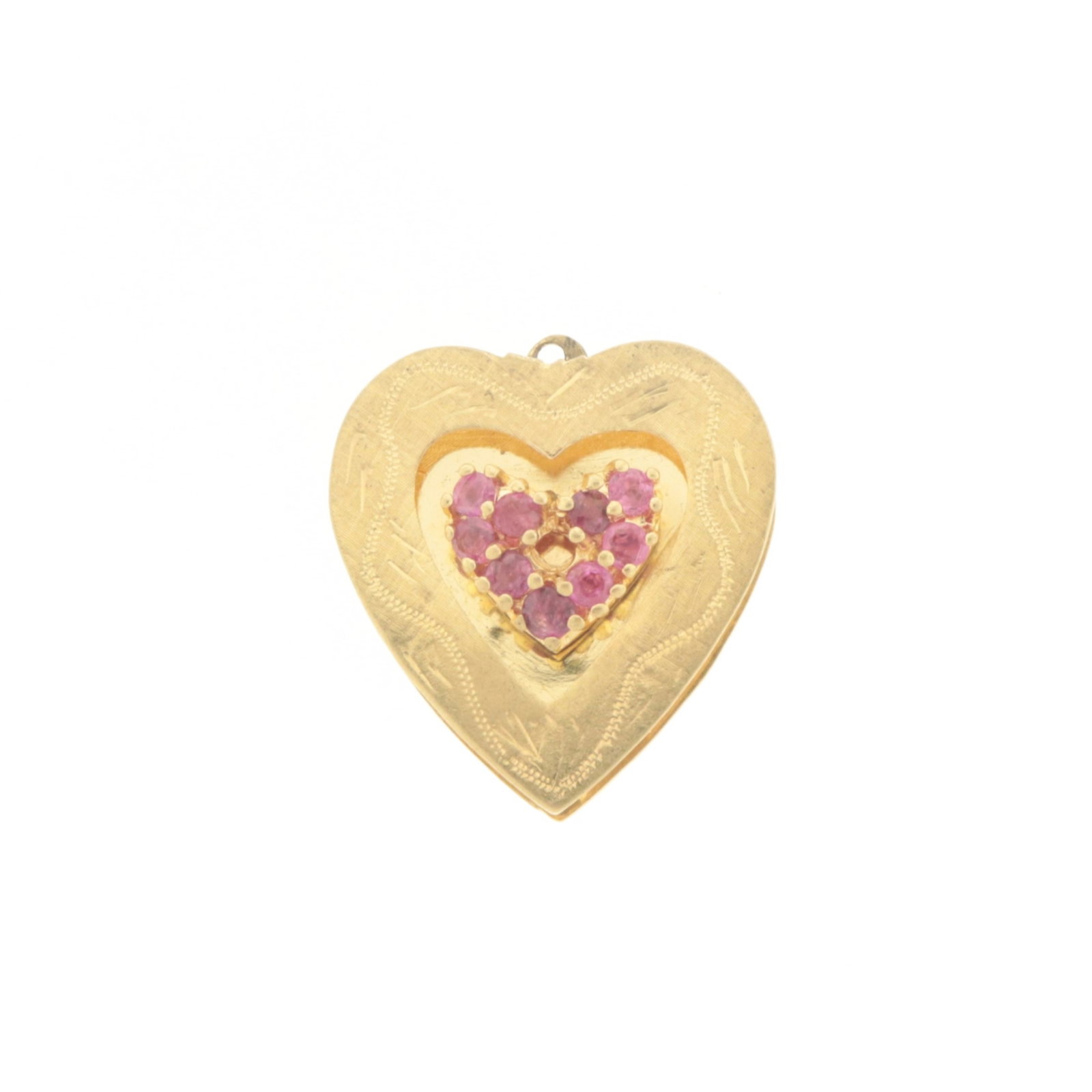 Vintage 14K and Ruby Heart Charm: Vintage 14 karat yellow gold incised double layer heart form charm with nine round rubies in center. Stamped 14K. Gross weight of 6.0 grams. 1" x 1" Property from a Connecticut collection.