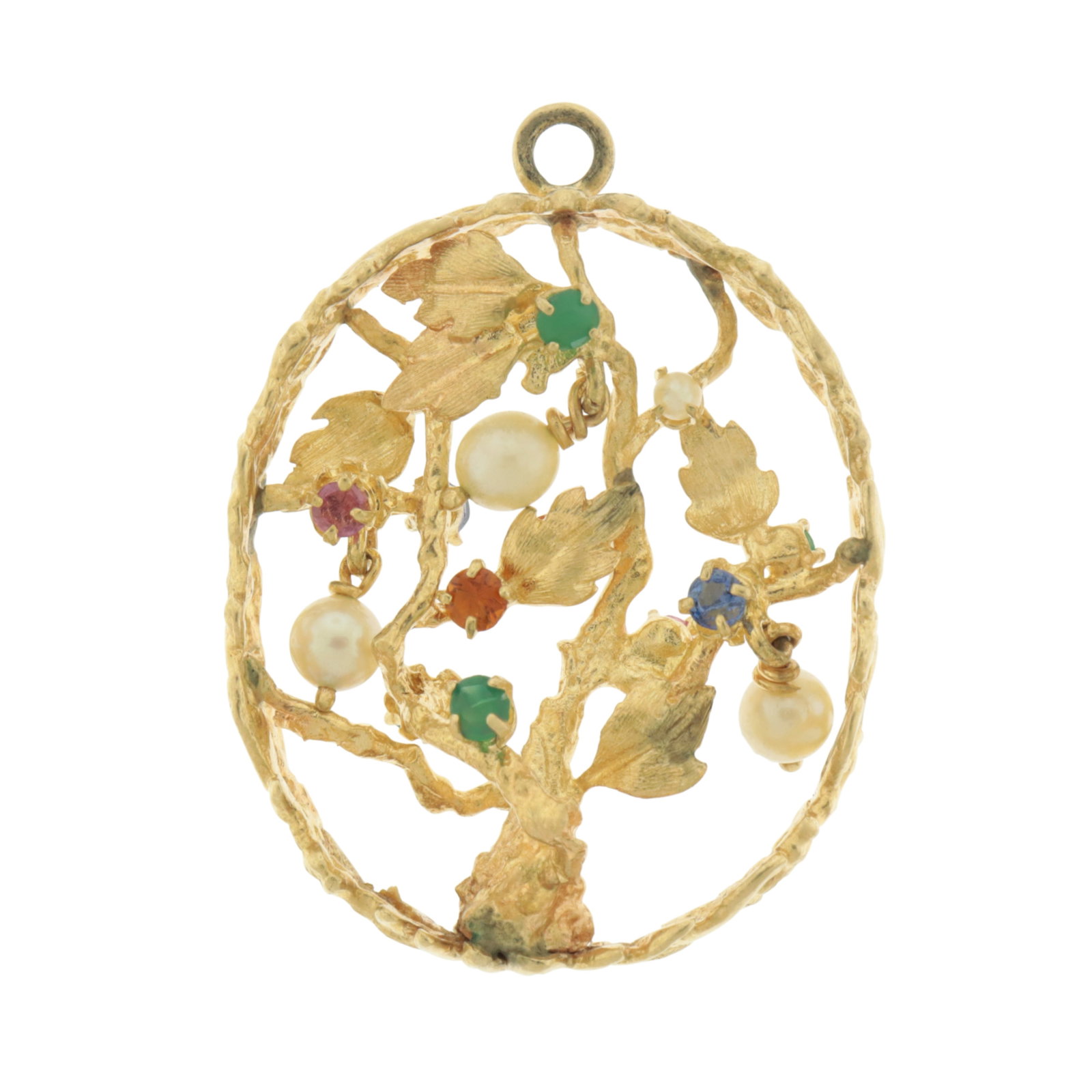 Large 14K Gem-Set Tree of Life Charm: Large 14 karat yellow gold and gem-set and cultured pearl Tree of Life double sided charm or pendant with emeralds, sapphires, rubies, and tanzanite. Stamped 14k on bottom. Gross weight of 14.6