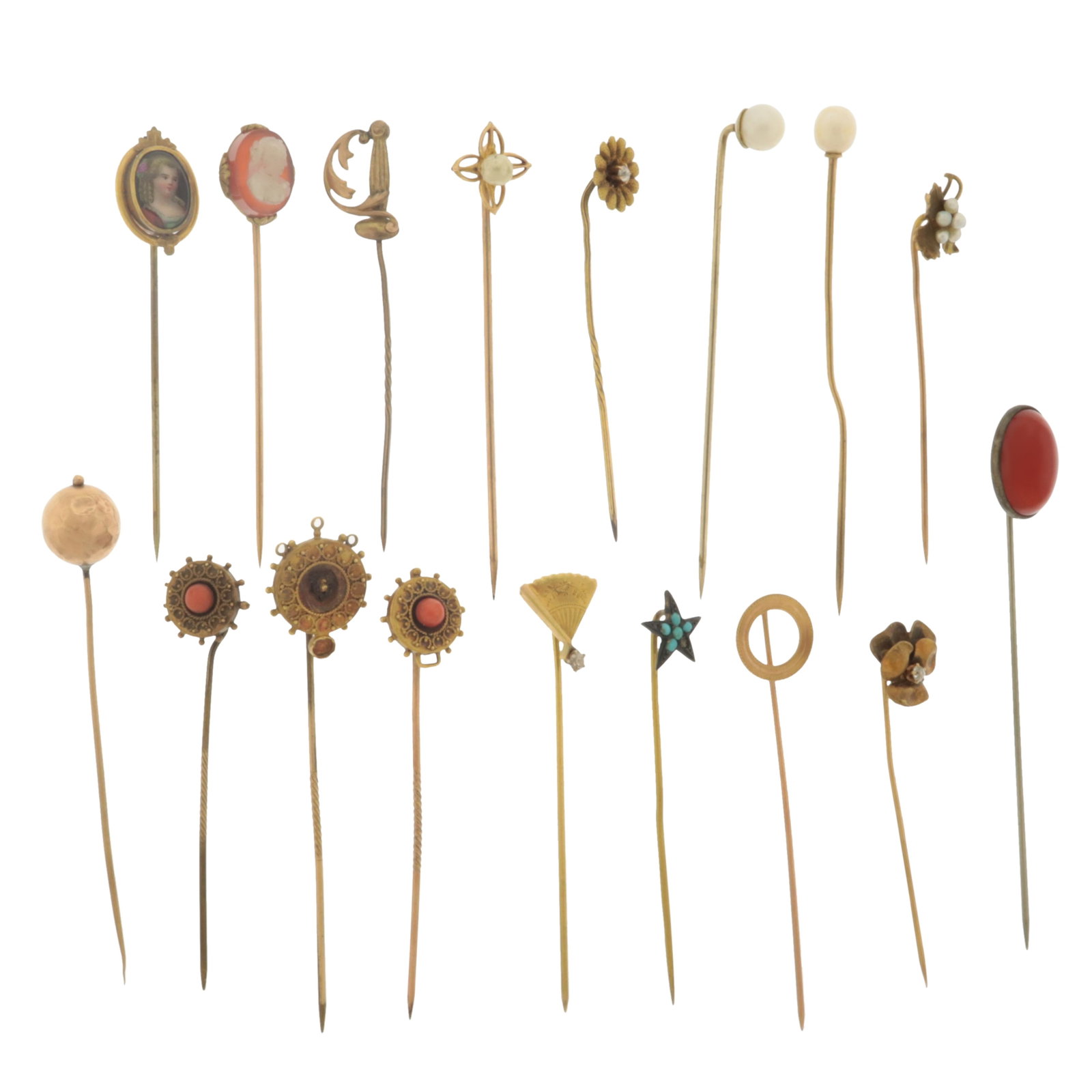 Group of Antique Gold Hatpins: A group of antique hatpins. Comprising: finely carved agate cameo housed in 14k, 10k rose and yellow gold maple leaf with cultured pearls, 14k yellow gold fan form with diamond attached to 10k pin, 10