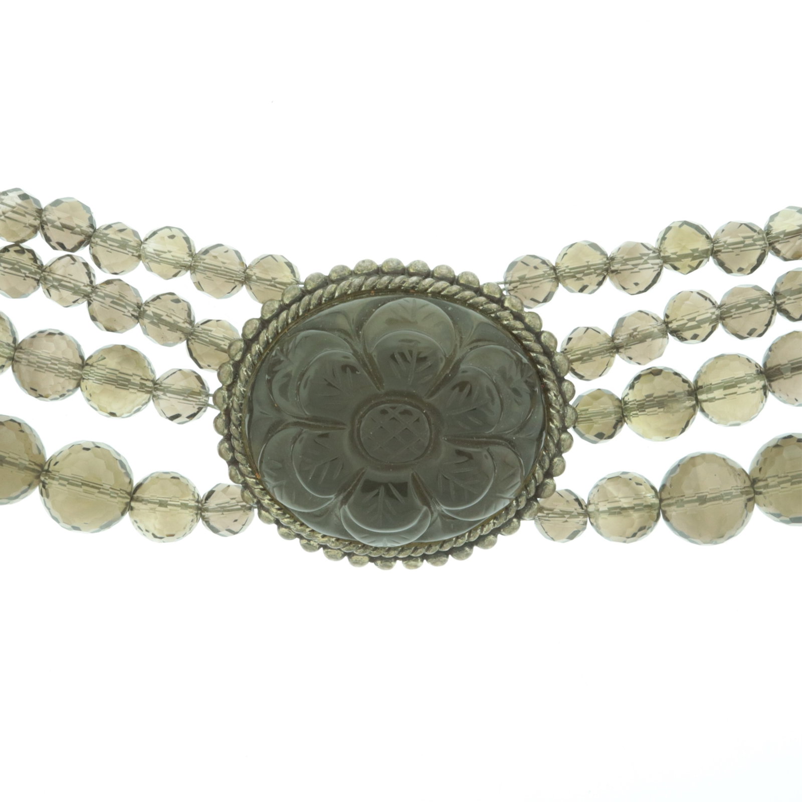 Stephen Dweck Glass Multi-Strand Necklace: Vintage Stephen Dweck multi-strand necklace with graduating faceted glass beads, centered with resin flower set in sterling silver with sterling floriform clasp. Signed on clasp. 15" long Property