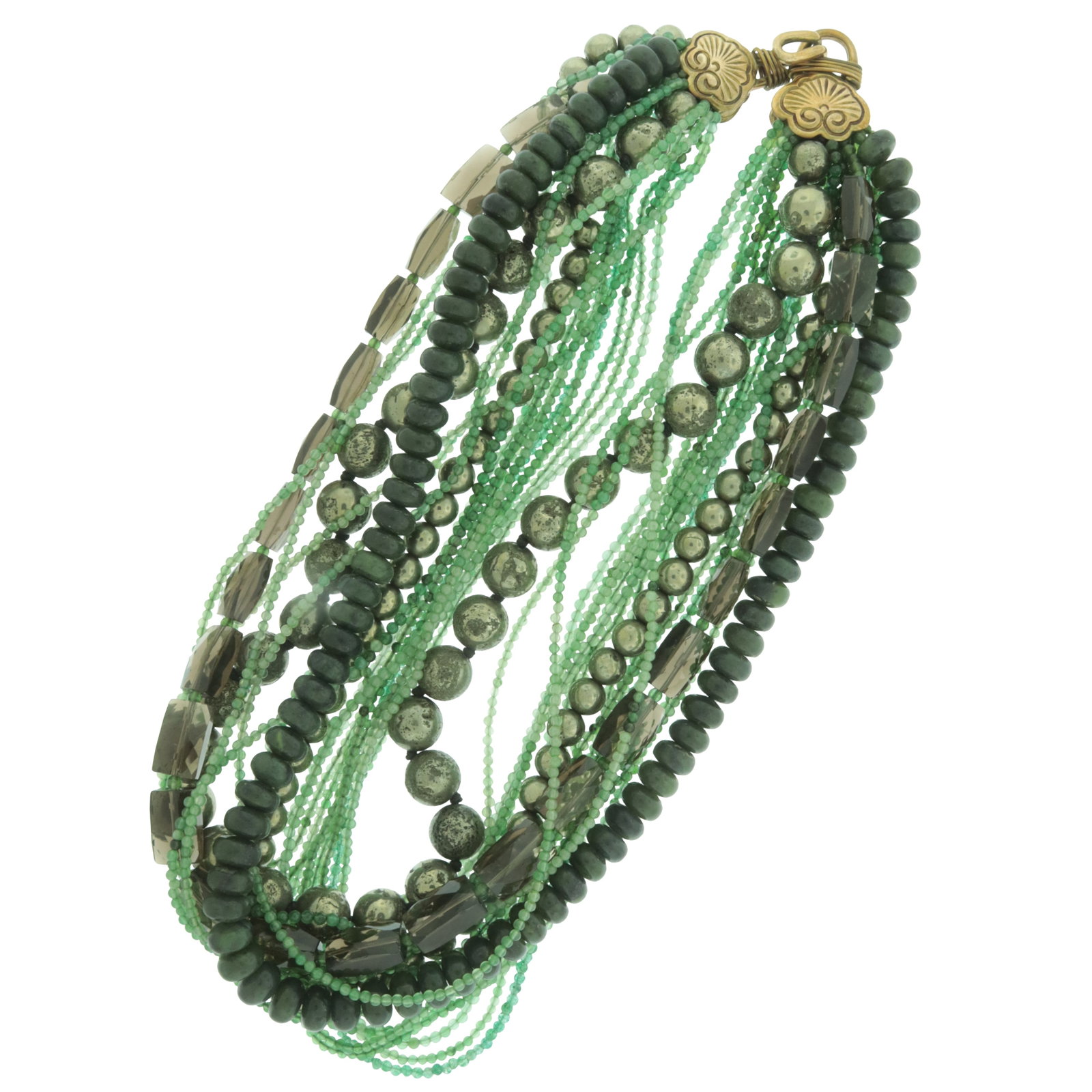 Stephen Dweck Jade Multi-Strand Necklace: Vintage Stephen Dweck necklace with strands of silver metal beads, a strand of jade beads, and multiple strands of small green glass beads. Signed on clasp. 17" long Property from the estate of a