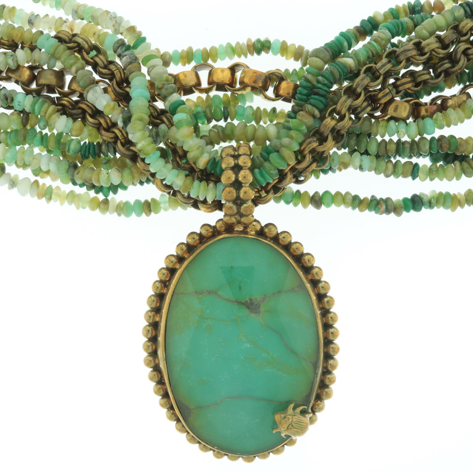 Stephen Dweck Hardstone Necklace: Vintage Stephen Dweck green, blue and white hardstone bead and chain multi-strand necklace with large faceted glass clip-on pendant. Signed on clasp. 18" long Property from the estate of a prominent