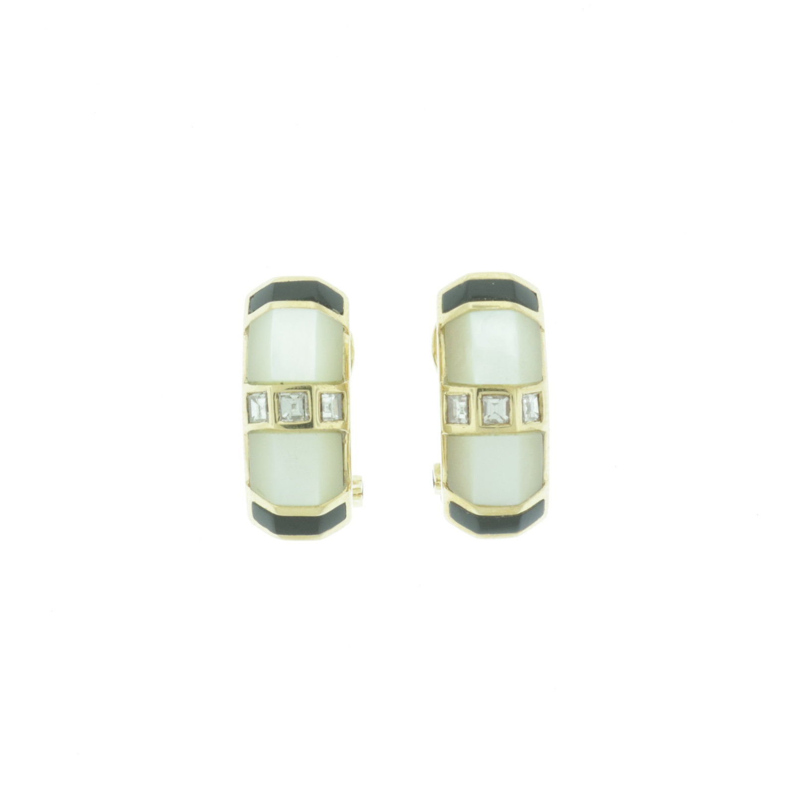 Pair of 18K and Onyx Earrings: A pair of vintage 18 karat yellow gold half-hoop earrings centered with three diamonds, flanked by mother of pearl and onyx. Backs stamped 18K, AVI. Gross weight of 10.2 grams. About 5/8" long