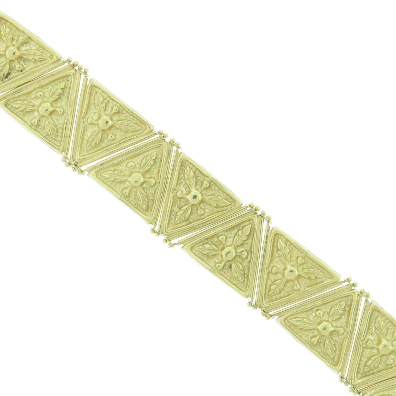 Vintage 18K Yellow Gold Bracelet: A vintage 18 karat yellow gold bracelet with articulated triangular links with floral repousse motif, box tab closure. Stamped 750 on closure, additionally acid tested. Gross weight of 22.8 grams (met