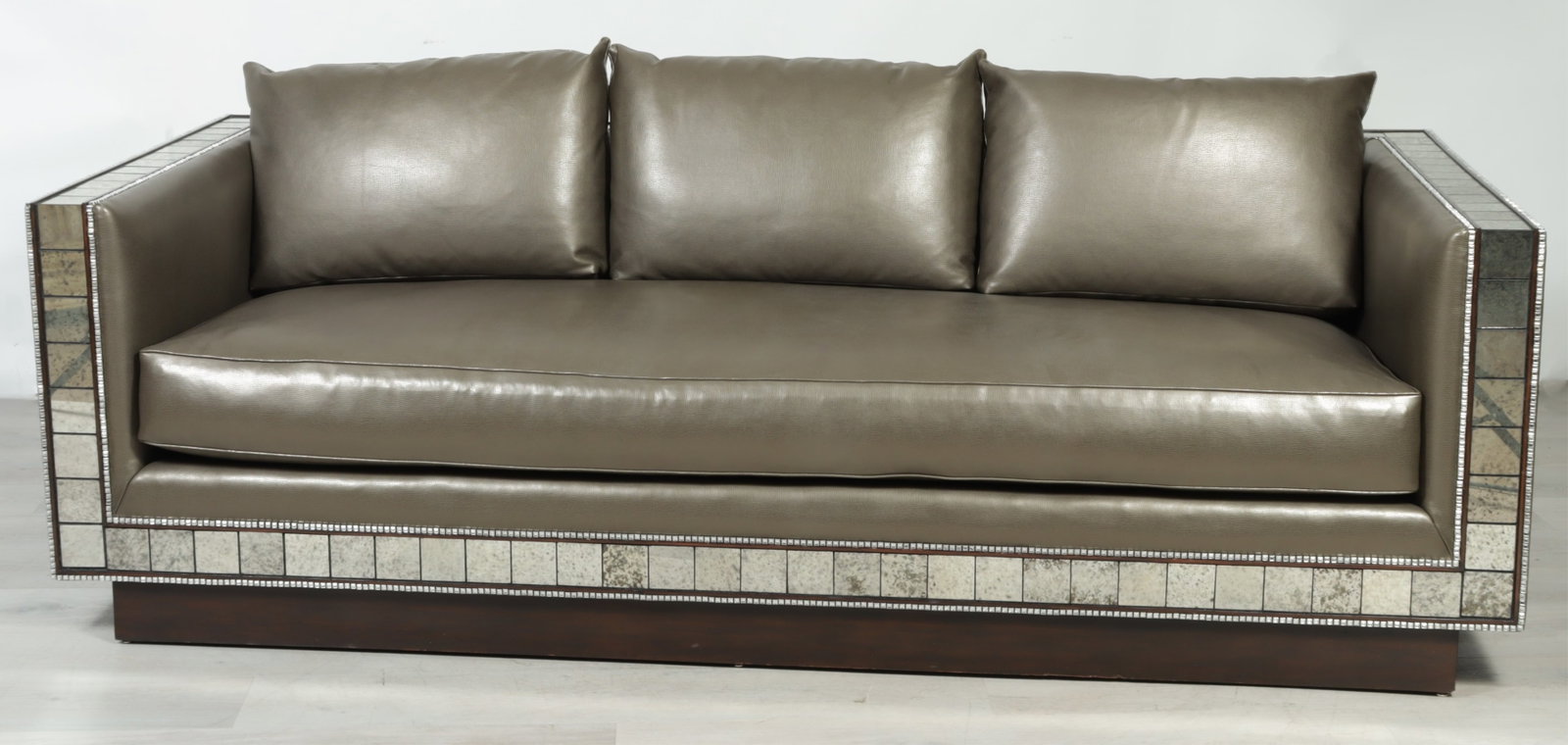 Marge Carson Mirrored & Rhinestone Tacked Sofa: Marge Carson Mirrored and Rhinestone Tacked Sofa, in textured charcoal leatherette upholstery. 30" H x 96" W x 41" D