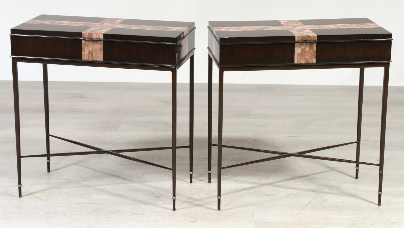 Pair of Marge Carson Tao Chairside Tables: Pair of Marge Carson Tao Chairside Tables. Ebony stained oak, inlaid with mother of pearl, lift tops. 25" H x 24" W x 12.5" D