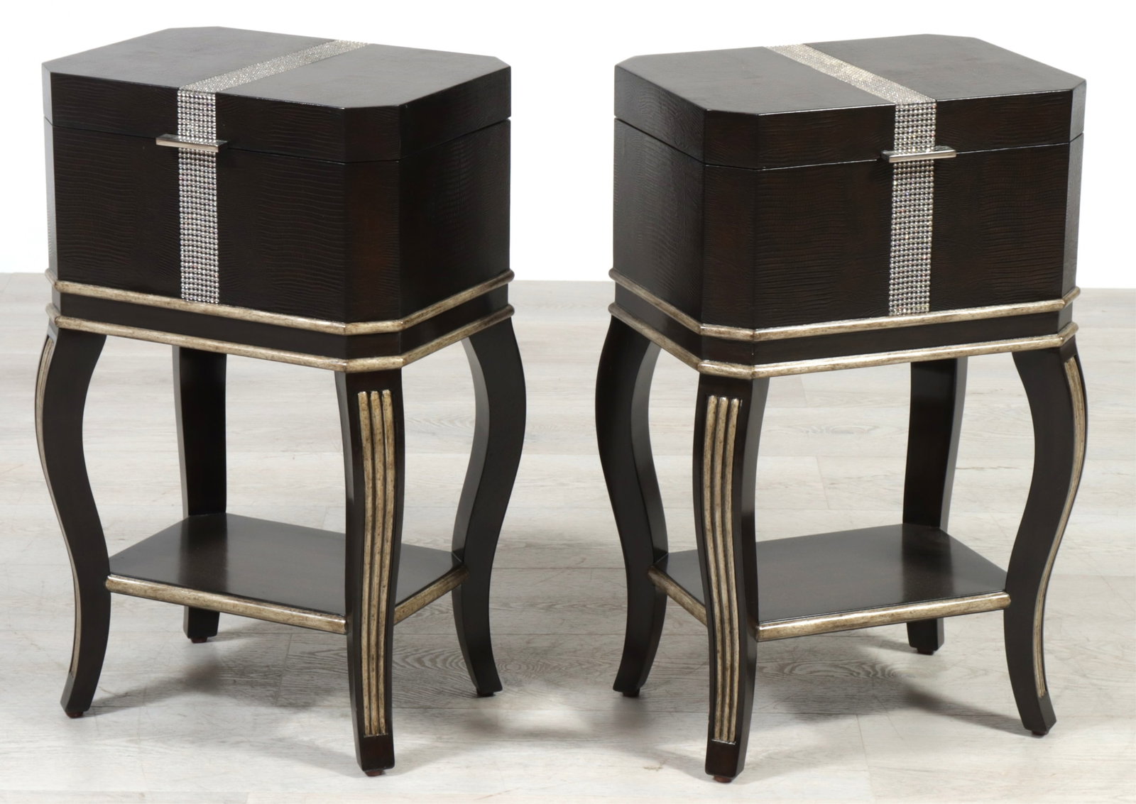 Pair Marge Carson Gramercy Chairside Tables: Pair of Marge Carson Gramercy Chairside Tables. Faux embossed black patent leatherette exterior with rhinestone stripe. 26.5" H x 17" W x 12.5" D