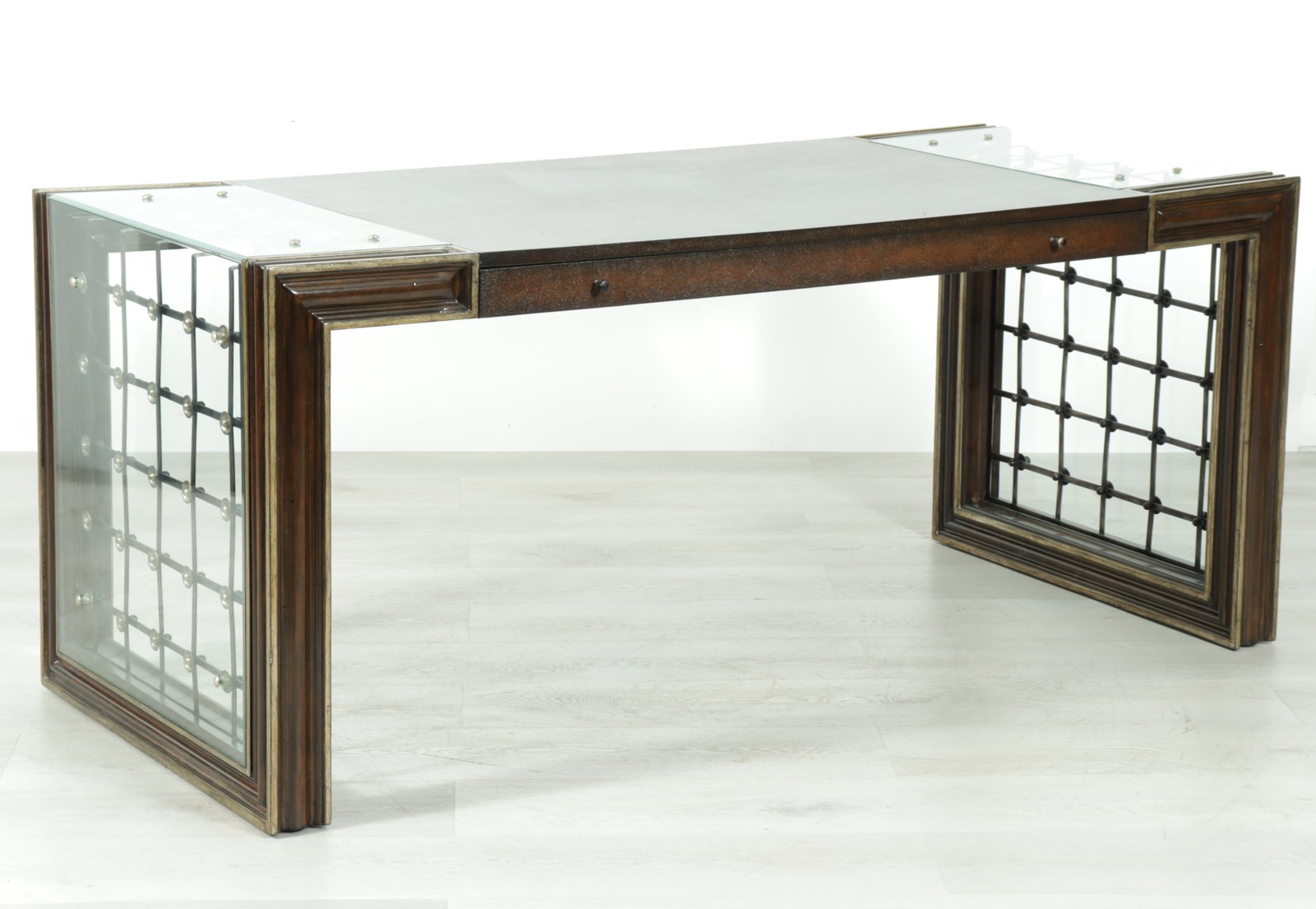Marge Carson Silvered Walnut Stained Desk: Marge Carson Silvered Walnut Stained Desk, with metal lattice frieze drawer 29.25" H x 68" W x 30" D
