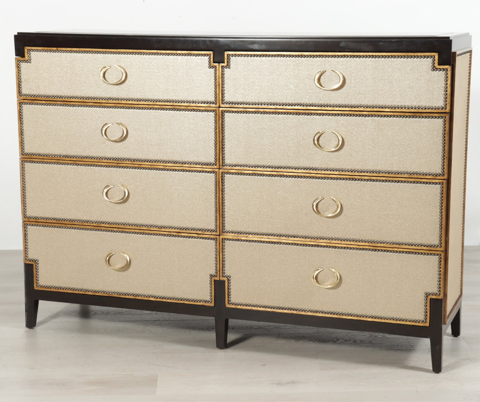 Marge Carson Bolero Double Dresser: Marge Carson, Bolero double-dresser with ebony finish with eight fabric upholstered drawers, top two being fall-fronts. 48" H x 69" W x 20" D