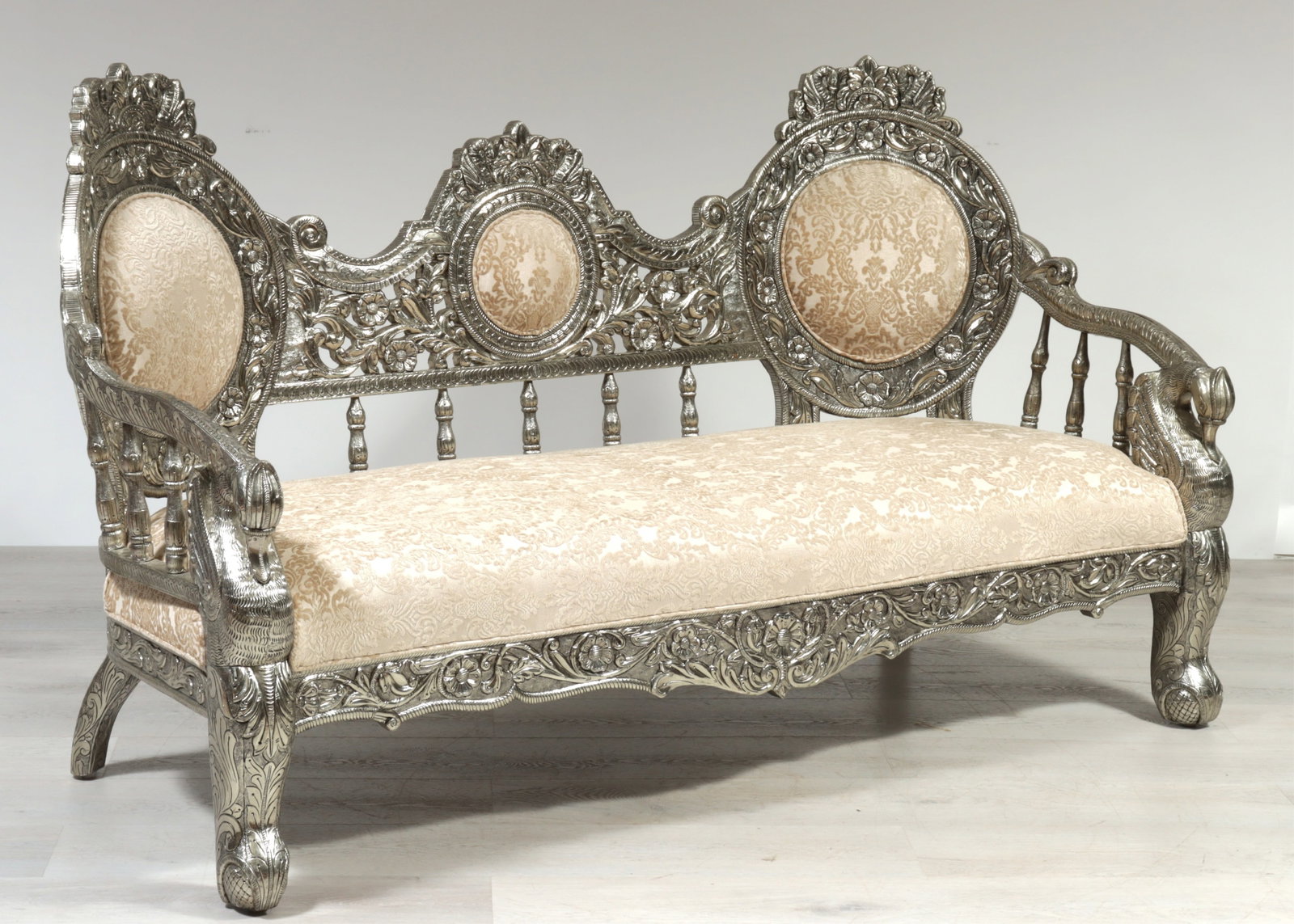 Indian Repousse Brass Veneered Settee: Indian Repousse Brass Veneered Settee, in cafe au lait cut velour upholstery 42.25" H x 72.5" W x 30" D