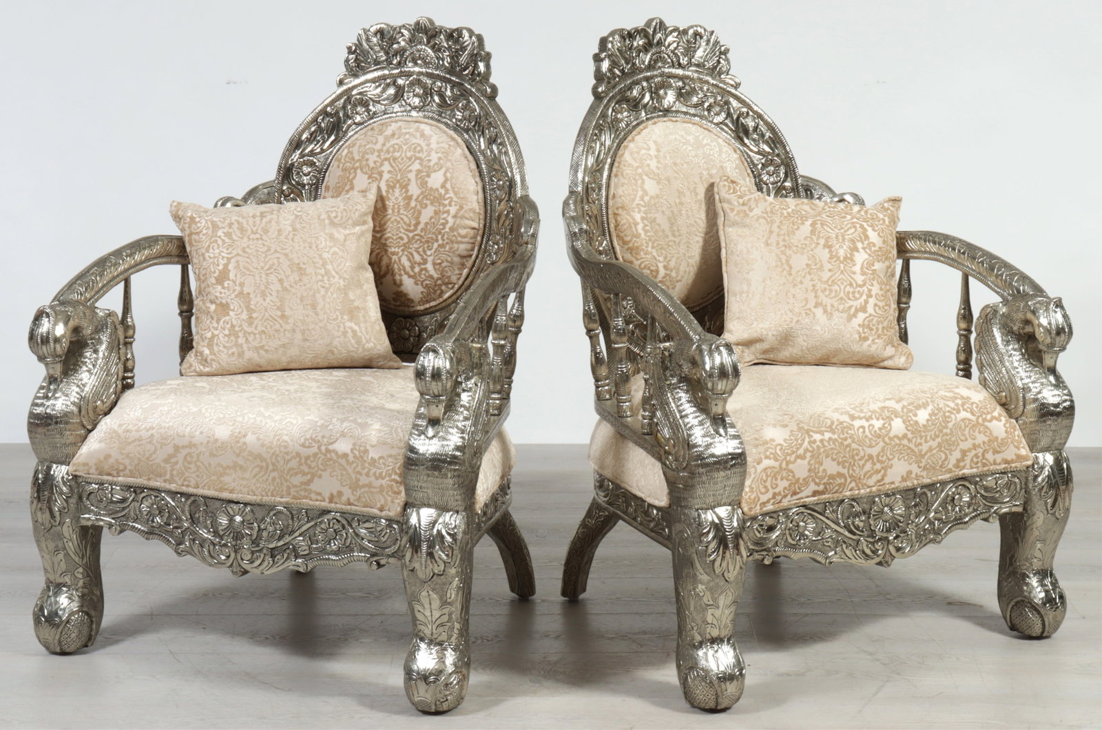 Pair Indian Repousse Brass Veneered Armchairs: Pair Indian Repousse Brass Veneered Armchairs, in cafe au lait cut velour upholstery 42" H x 32" W x 28" D