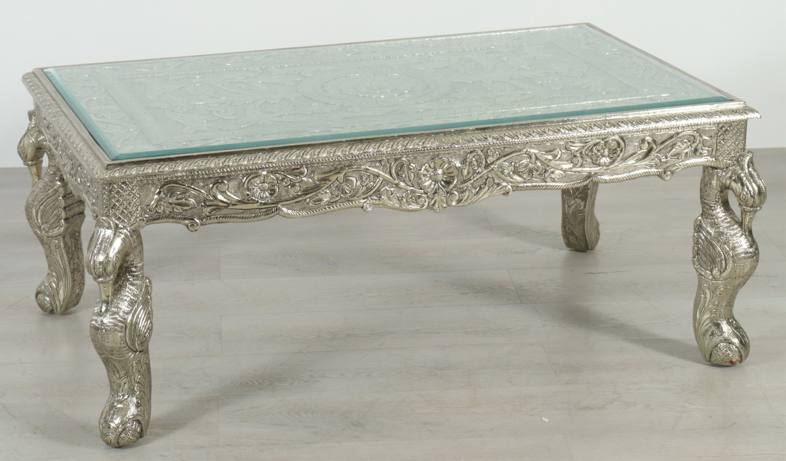 Indian Repousse Brass Veneered Coffee Table: Indian Repousse Brass Veneered Coffee Table 20" H x 48" W x 30" D