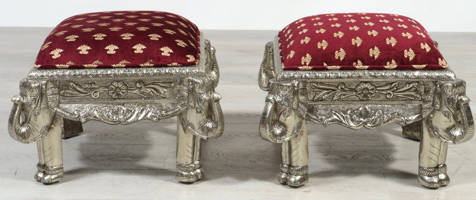 Pair Indian Repousse Brass Veneered Stools - 2