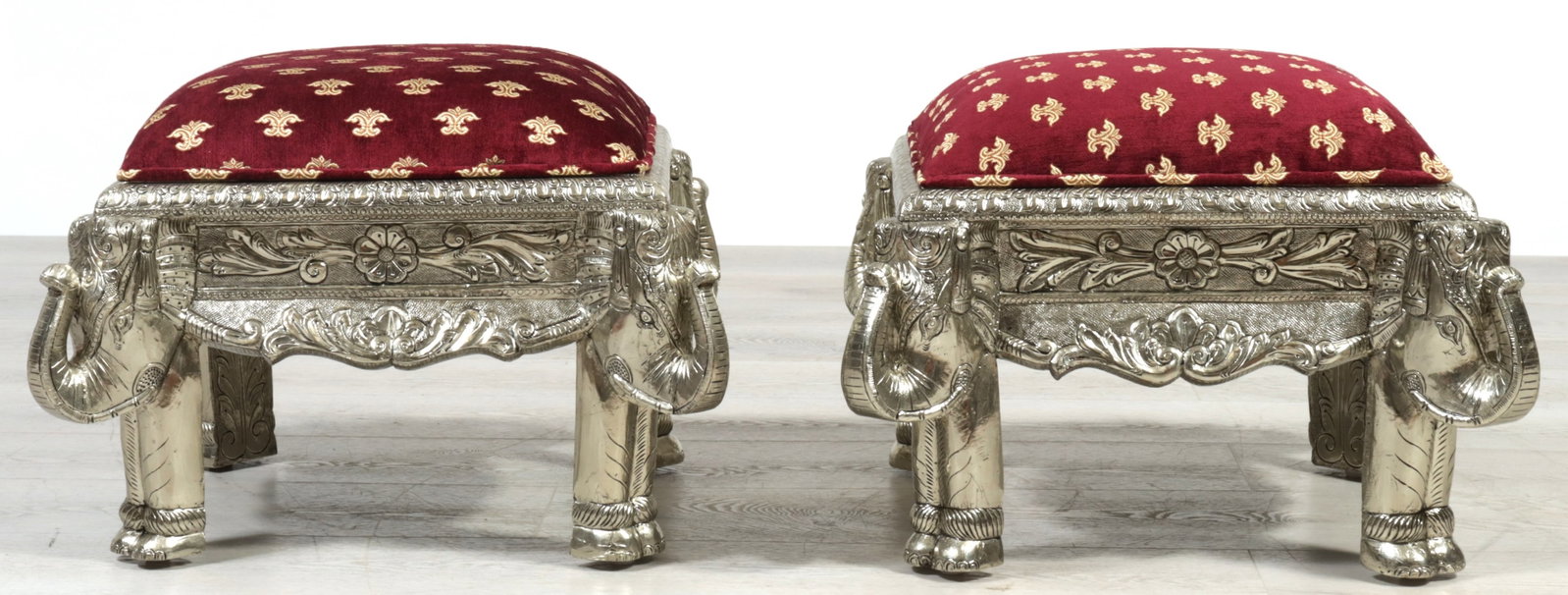 Pair Indian Repousse Brass Veneered Stools - 3