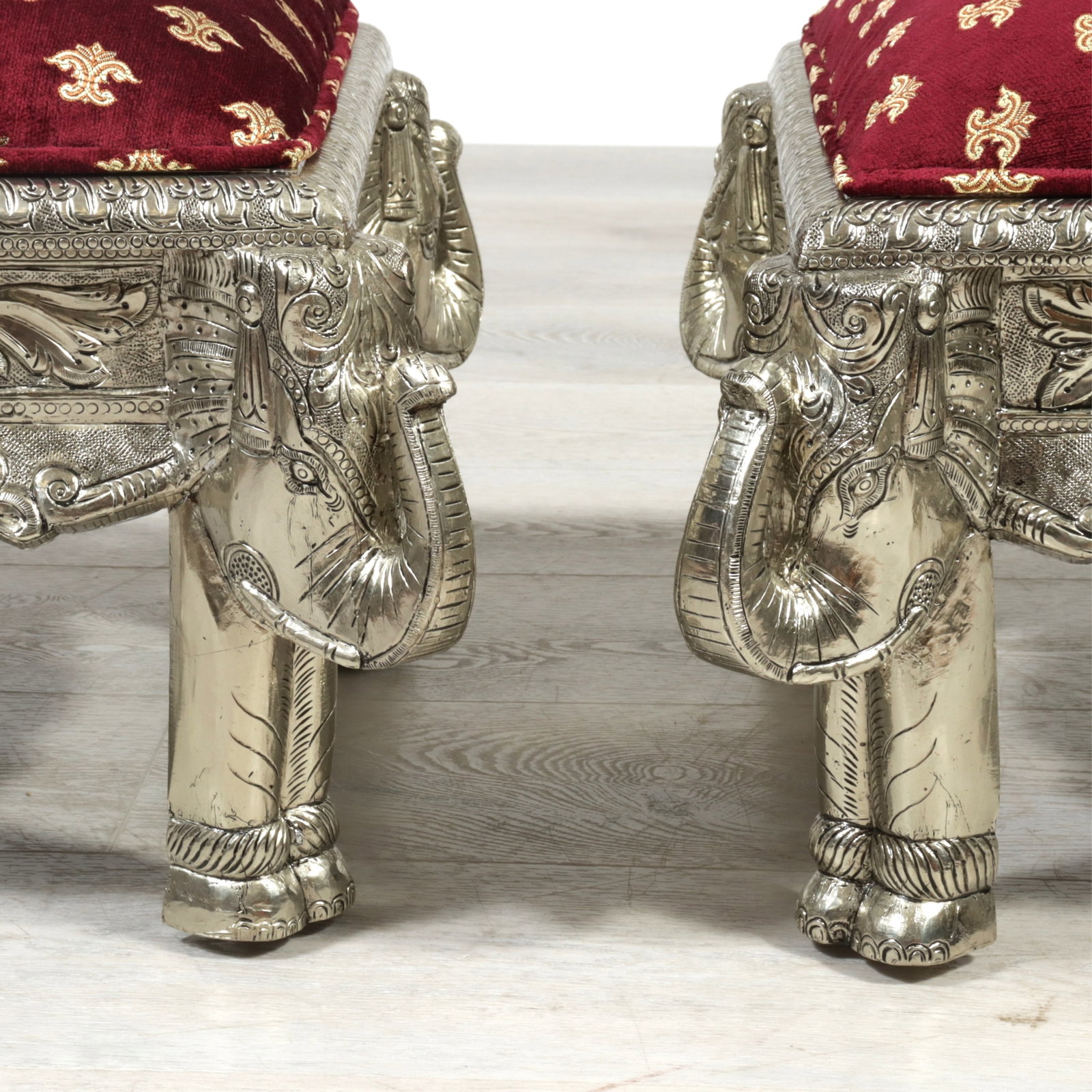 Pair Indian Repousse Brass Veneered Stools - 4