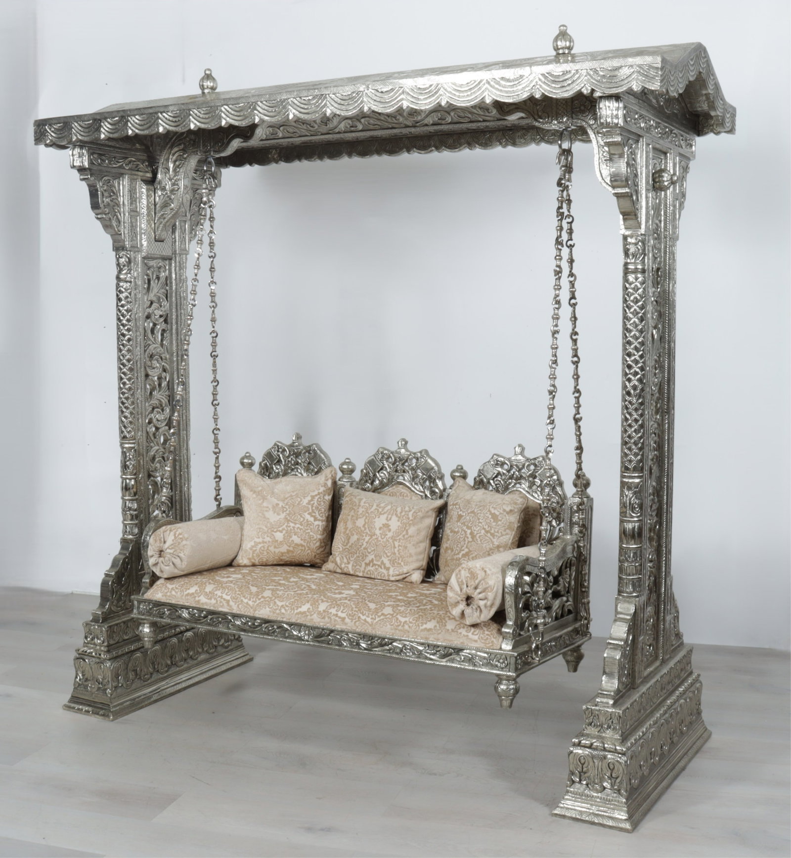 Indian Repousse Brass Veneered Garden Swing: Indian Repousse Brass Veneered Garden Swing 85.5" H x 85" W x 34" D