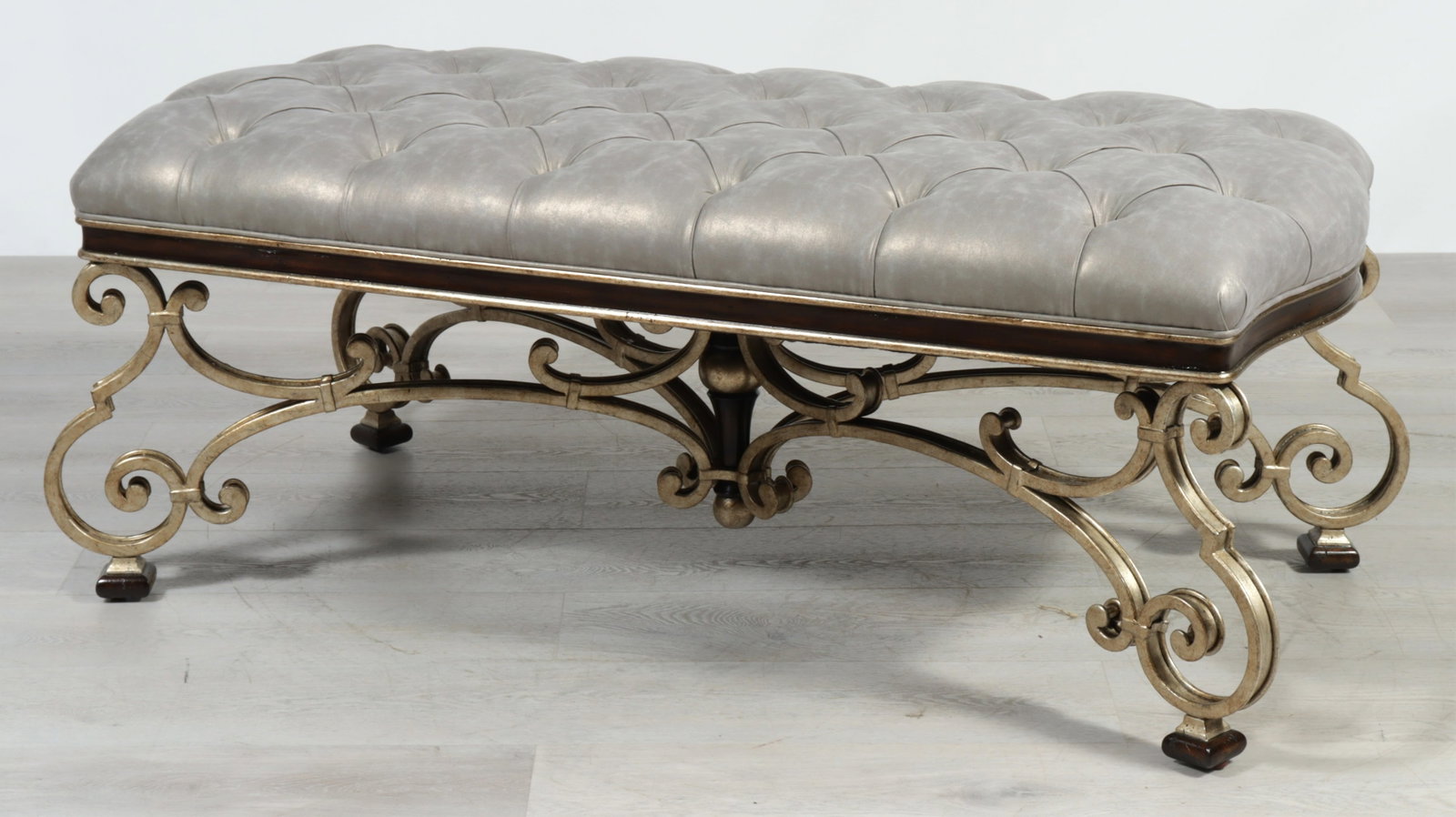 Marge Carson Seville Bench: Marge Carson Seville silvered iron & mahogany bench, in grey tufted fabric upholstery. 22.25" H x 56" W x 27.5" D
