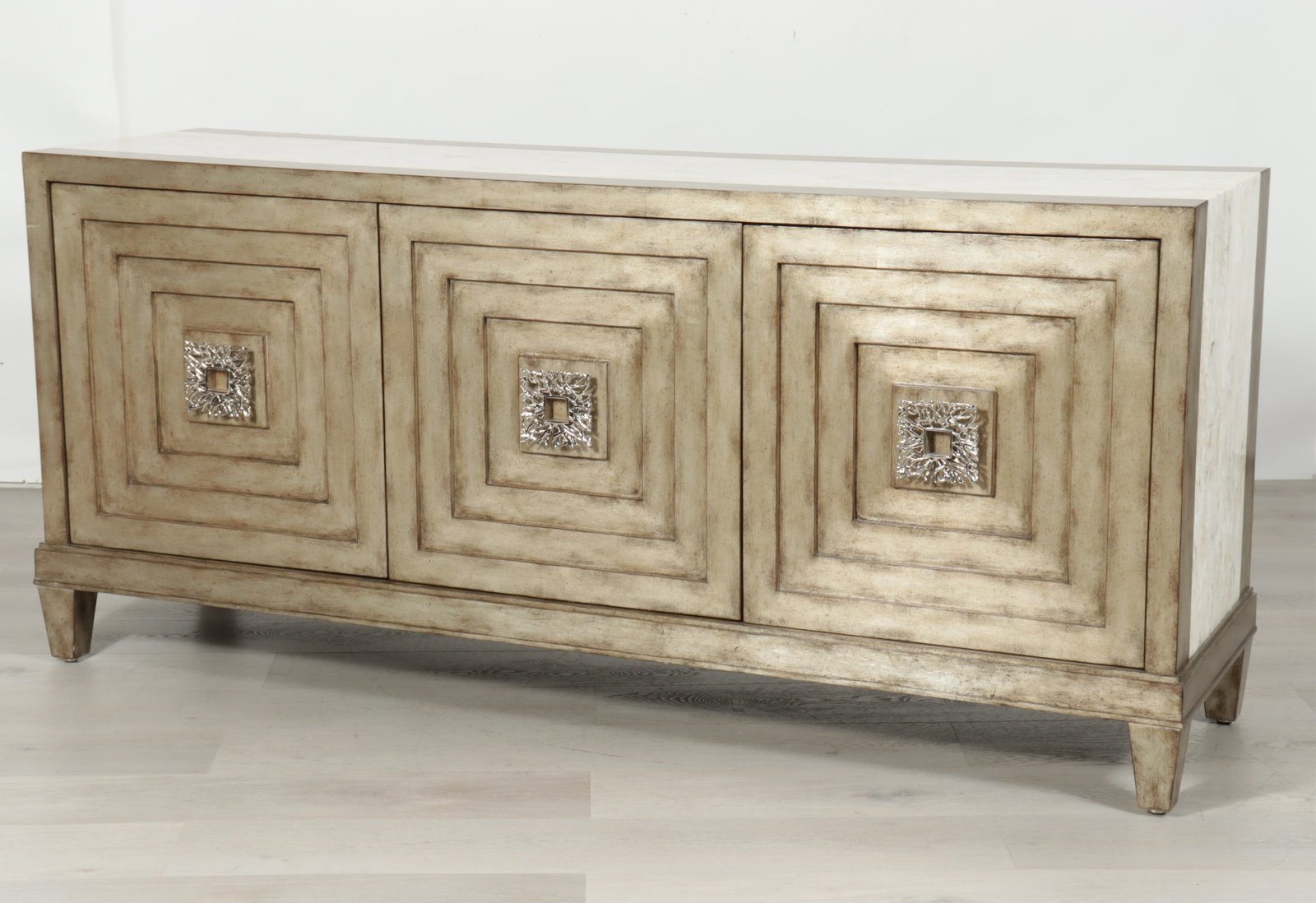 Marge Carson Malibu Commode: Marge Carson Malibu silvered and tessellated stone commode sideboard. 36" H x 80" W x 21.25" D