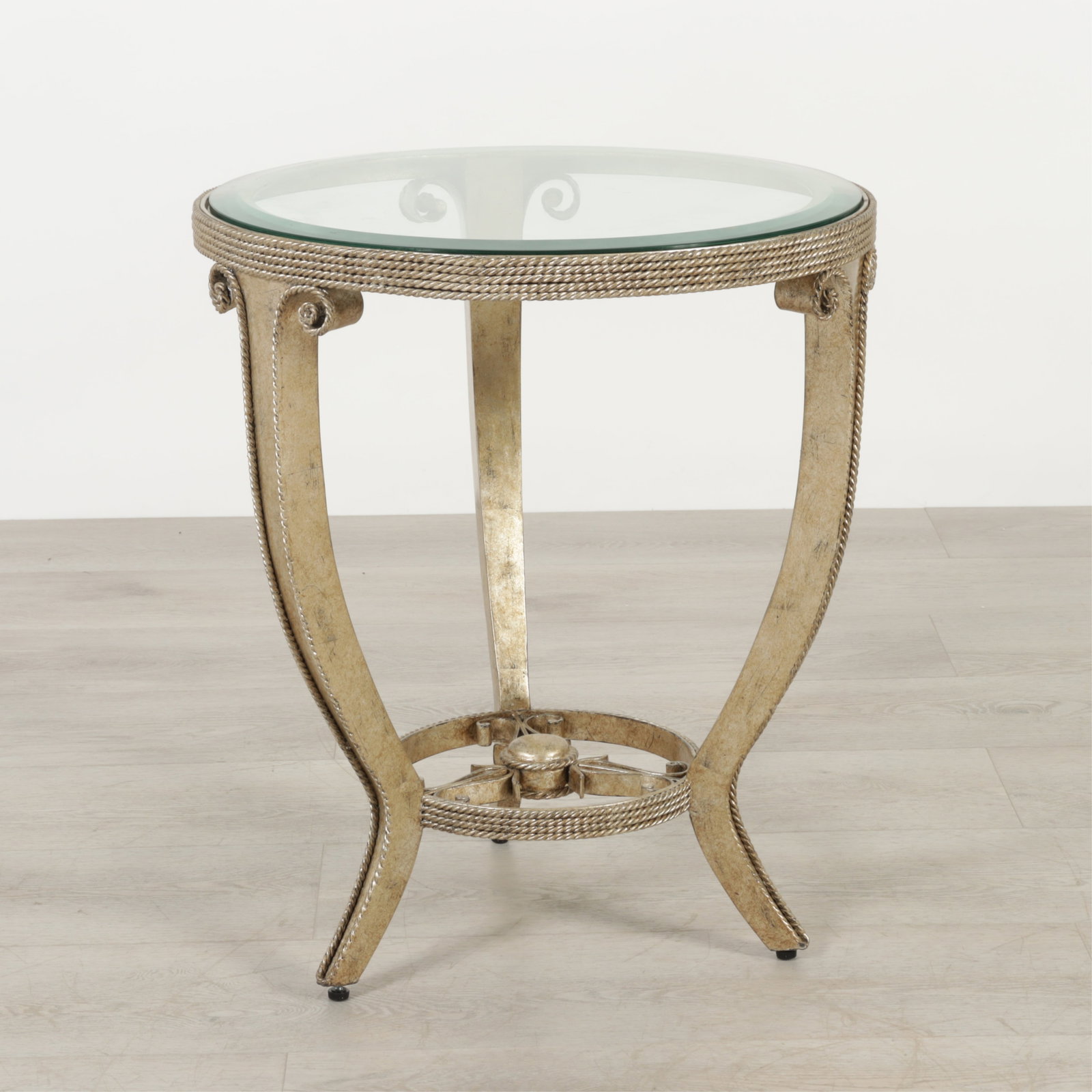 Marge Carson Oggetti Side Table: Marge Carson Oggetti side table, silvered finish with inset glass top. 24" H x 20.25" Dia.