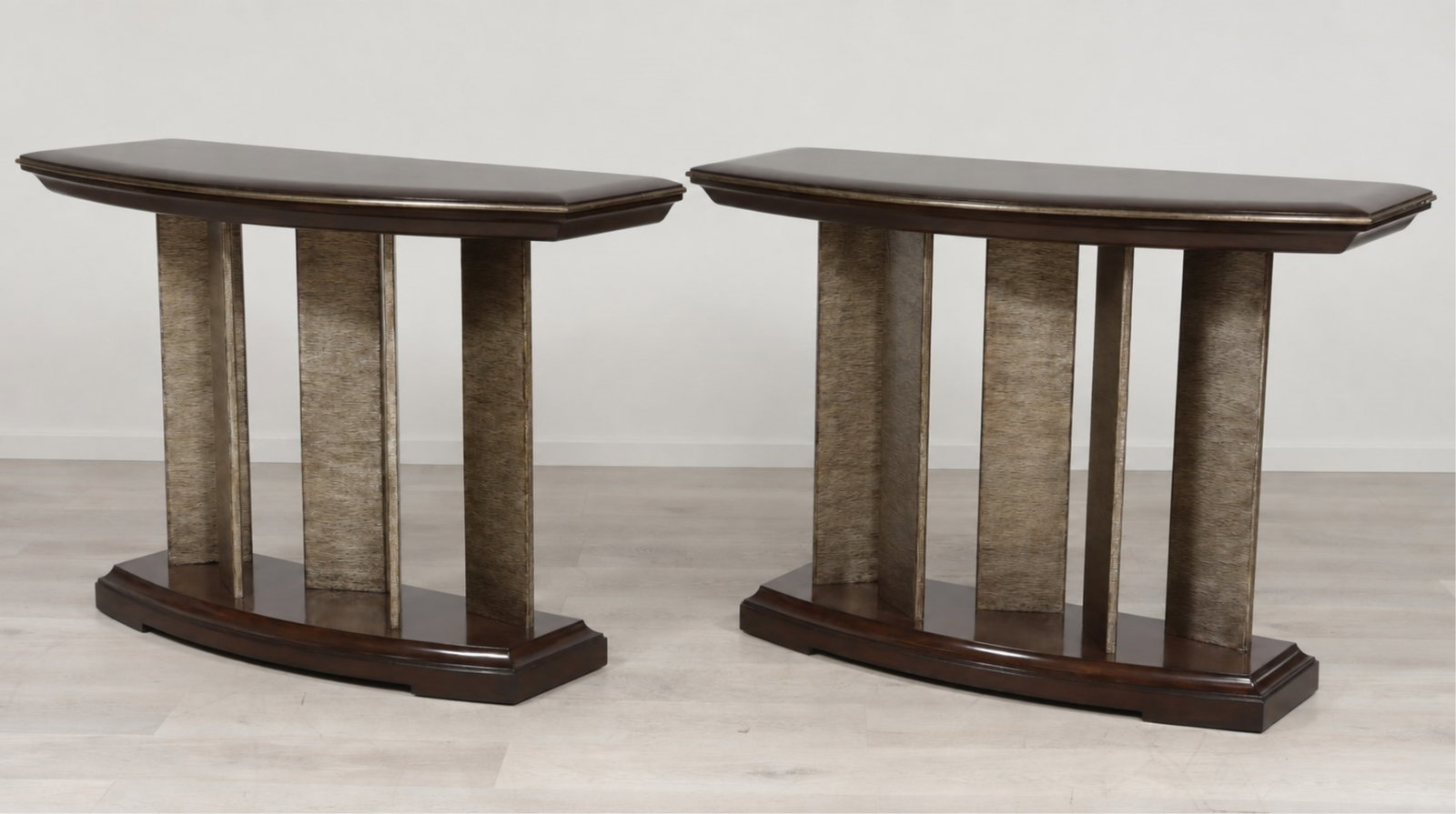 Pair of Marge Carson Sonoma Consoles: Pair of Marge Carson Sonoma Console Tables, silvered supports. 36" H x 52" W x 20" D