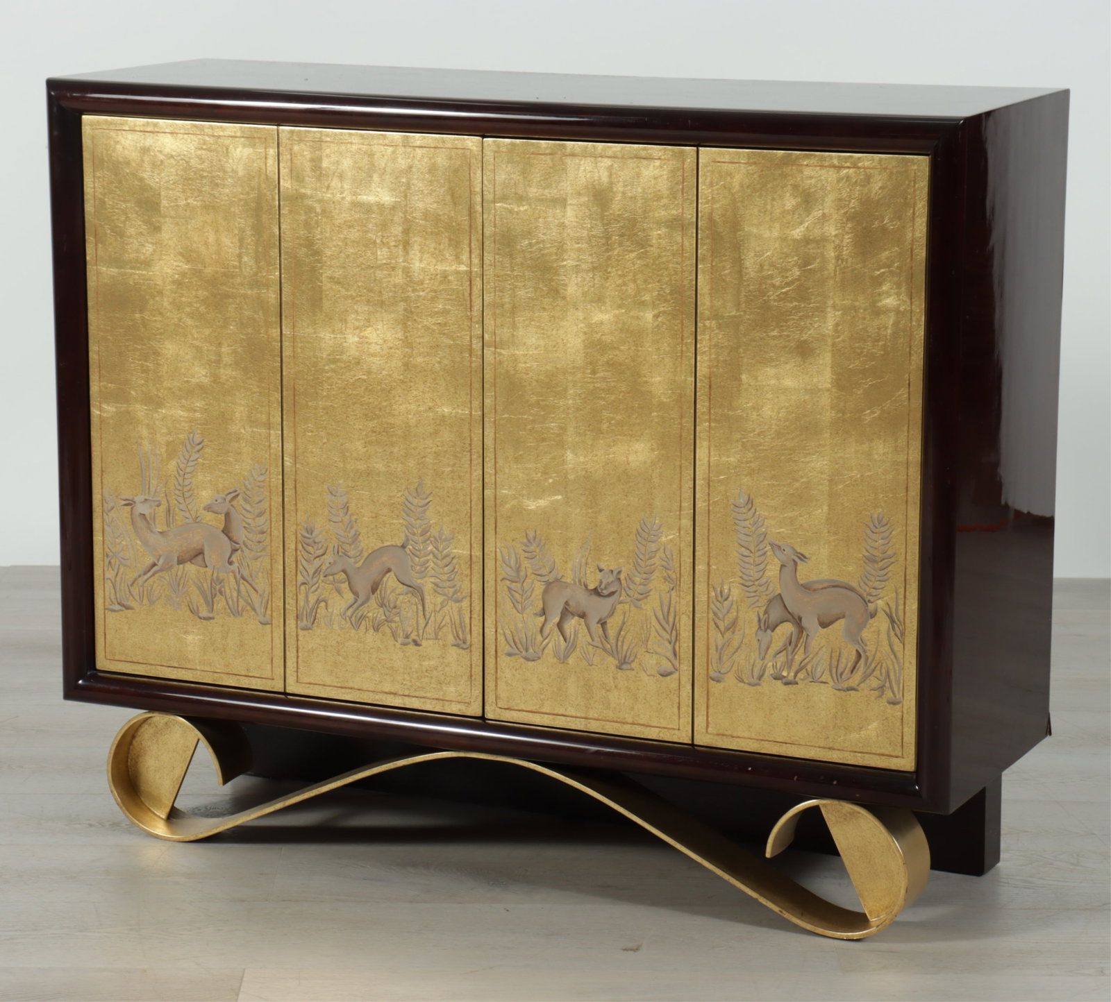 Jean de Merry Cassetto Cabinet: Jean de Merry Gilt Polychrome & Mahogany Cassetto Cabinet 34.25" H x 42" W x 14" D