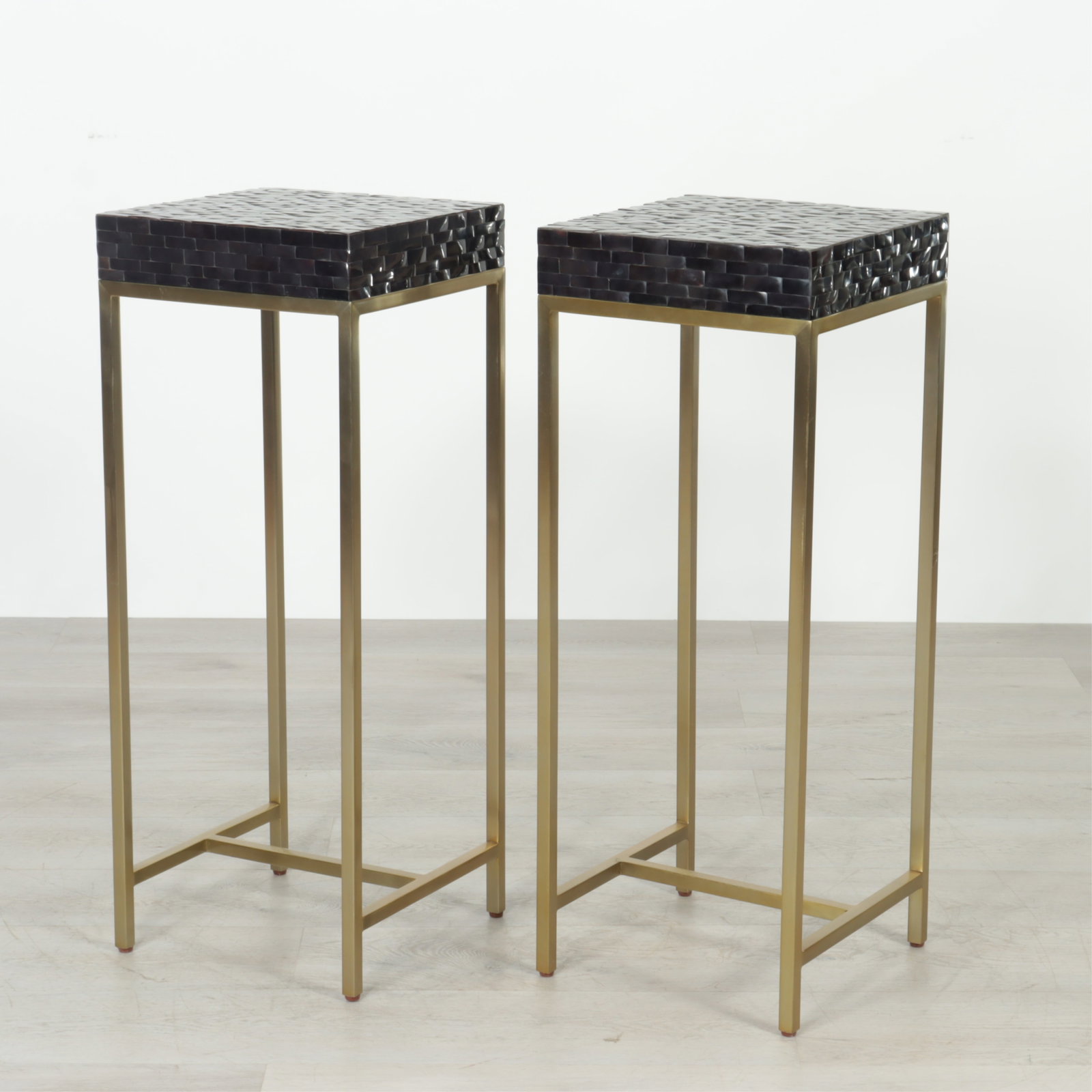 Pair of Marge Carson Malibu Pedestals: Pair of Marge Carson Malibu pedestals with 'raven' tessellated tops. 36.25" H x 14" Square