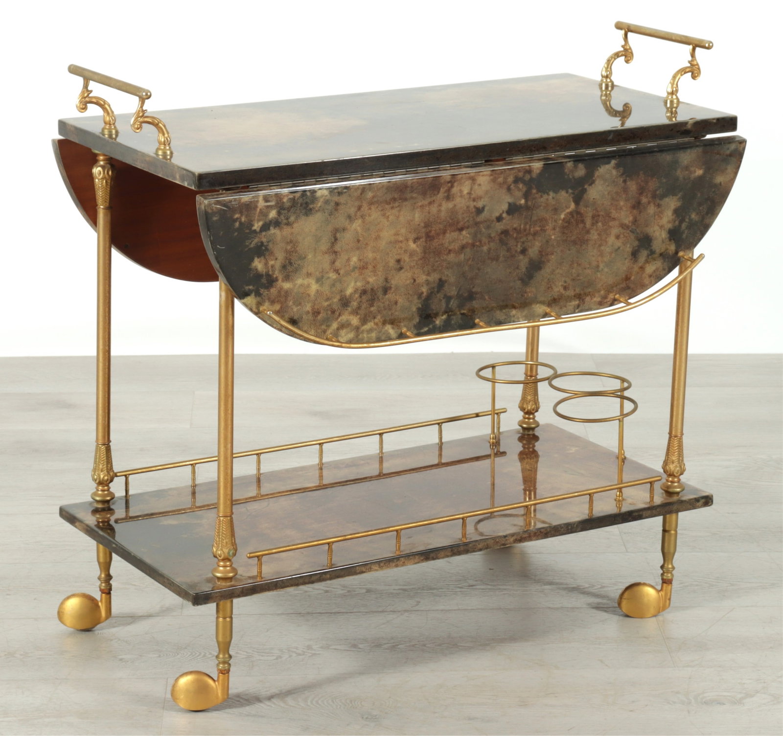Aldo Tura Gilt-Metal Parchment Bar Cart: Aldo Tura Gilt-Metal Parchment Bar Cart, paper label 29.25" H x 31.25" W x 18" D