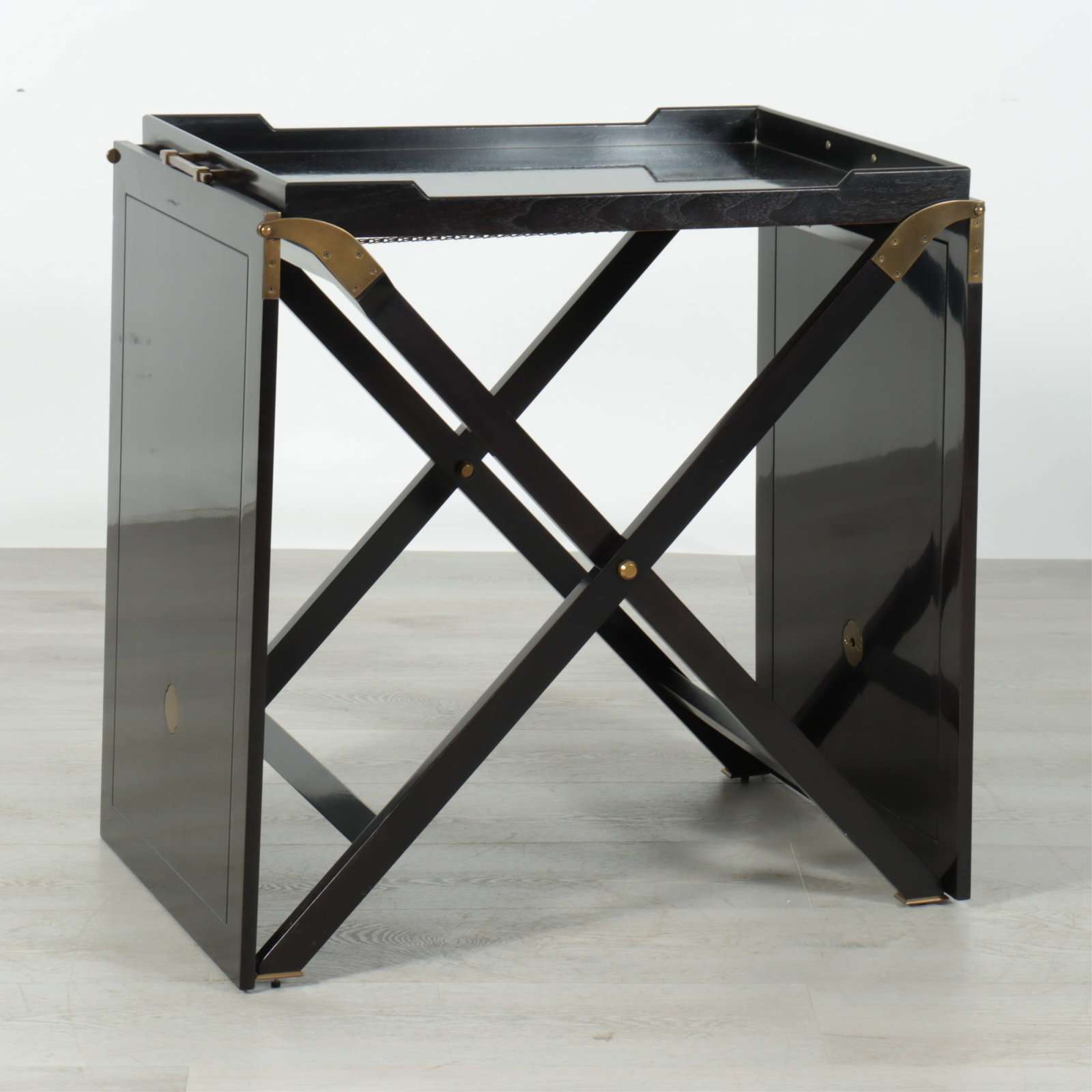 Baker Black Lacquer Folding Campaign Table: Baker Brass Mounted Black Lacquer Folding Campaign Table 27" H x 30.5" W x 21.25" D, extended 89.5" W