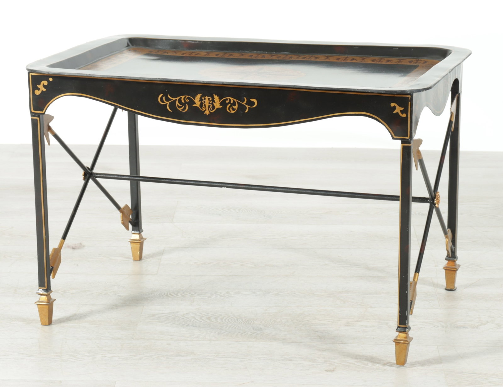 Regency Style Parcel-Gilt Tole Tray Table: Regency Style Parcel-Gilt Tole Tray Table, labeled Bedford & Co. 20.75" H x 32" W x 22" D