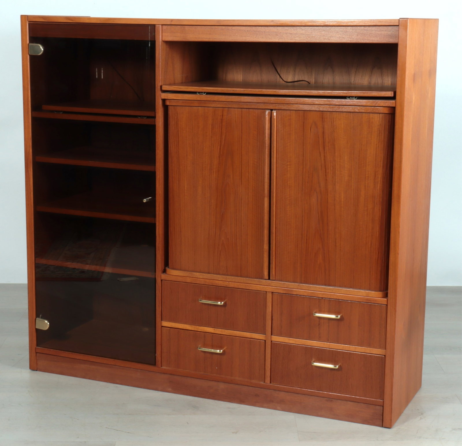 Modern Teak & Smoked Glass Display Cabinet: Modern Teak & Smoked Glass Display Cabinet 54" H x 57.25" W x 18" D