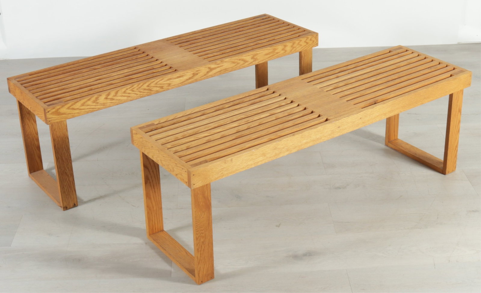 Pair George Nelson Style Oak Benches: Pair of George Nelson style oak benches 18" H x52.5" W x 16" D