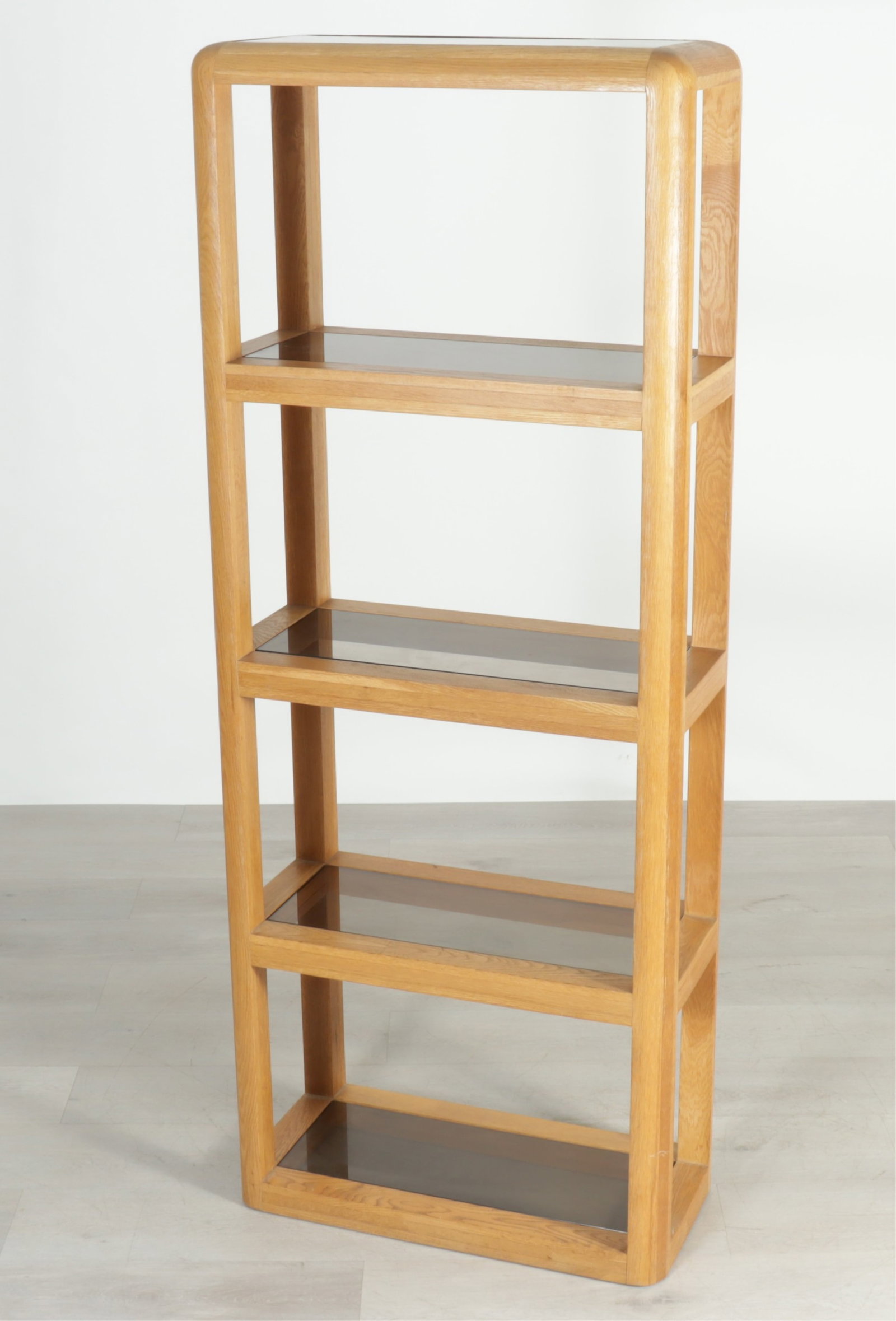 Midcentury Modern Oak and Glass Etagere: Midcentury modern, c.1970's oak etagere with smoked glass shelves 76" H x 30" W x 14.25" D