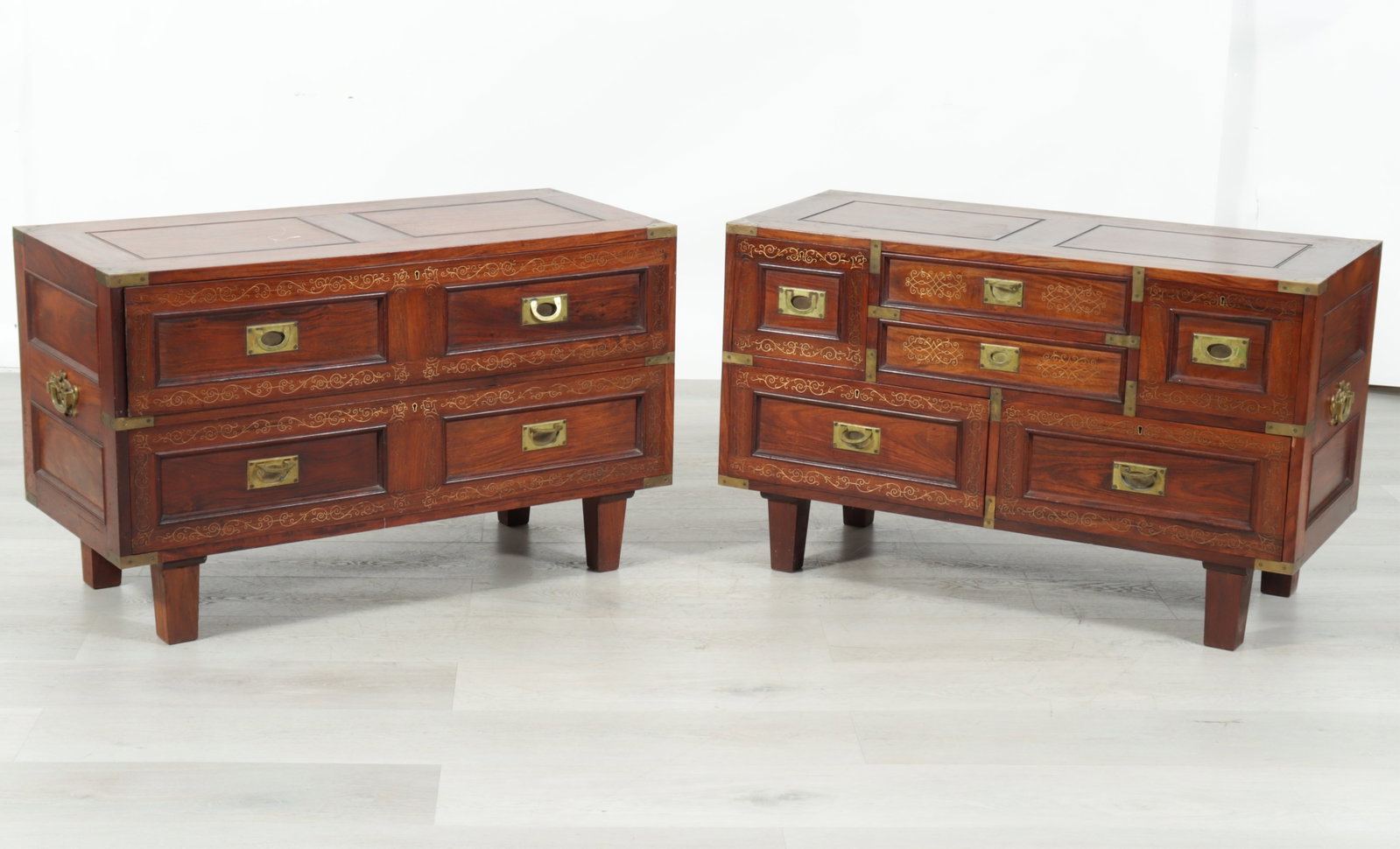 Pair Regency Style Teak Low Dressers: Pair of Regency Style Brass Mounted Teak Low Dressers, scrolling brass inlay 25" H x 40.5" W x 18" D