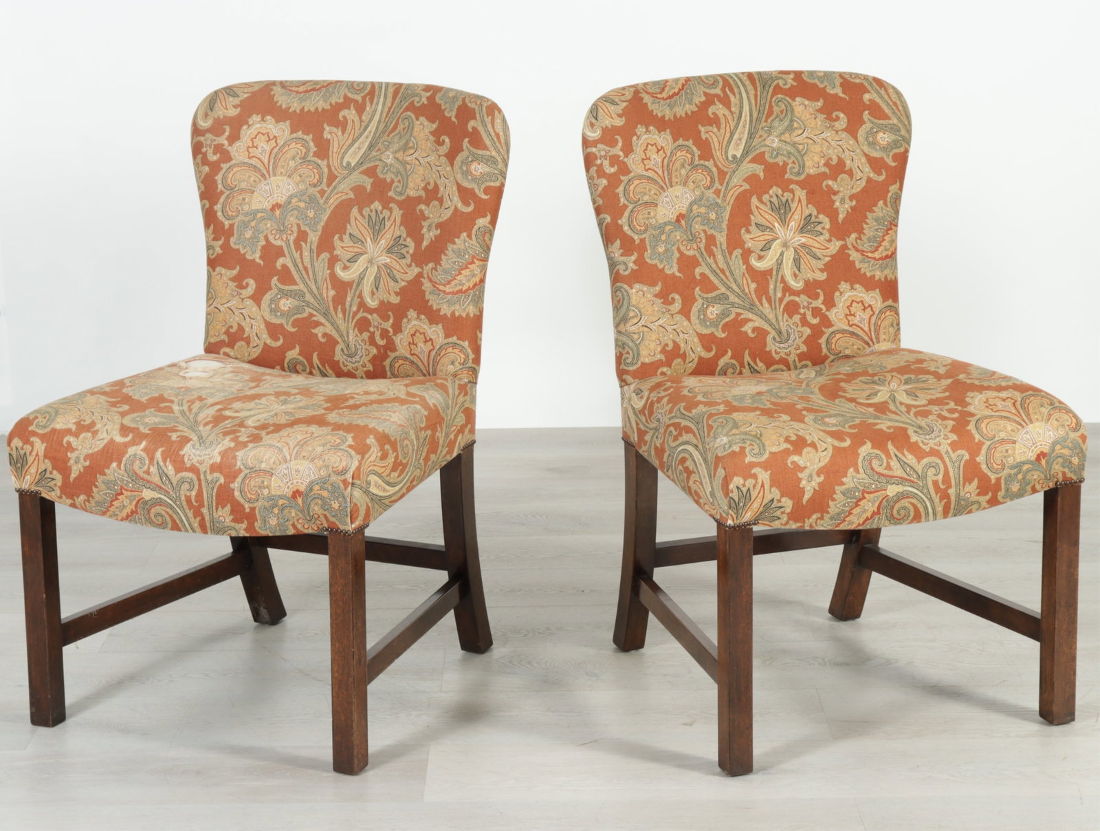 Pair George III Style Mahogany Side Chairs: Pair George III style mahogany side chairs upholstered in foliate printed brown cloth. 37" H x 23" W x 21" D